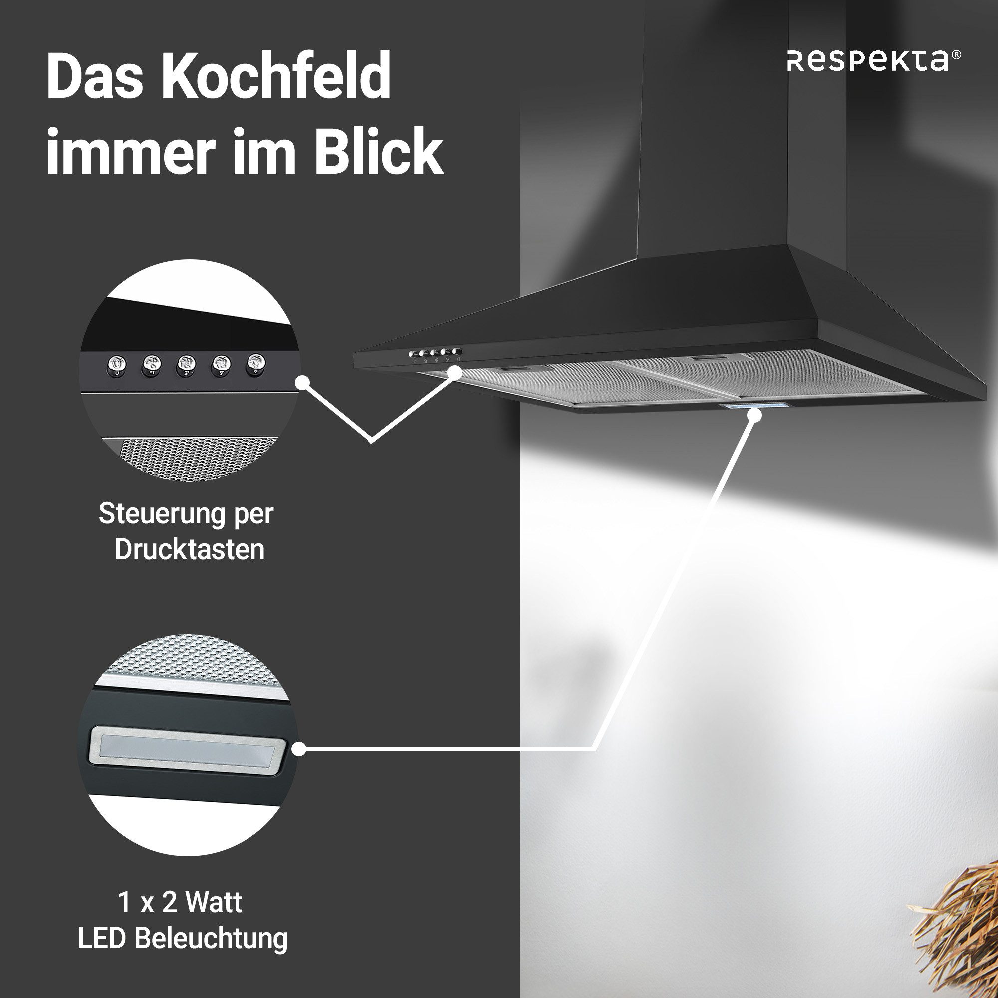RESPEKTA Kaminhaube Karena EEK: A; Abluft & Umluftbetrieb möglich; 3 Leistungsstufen