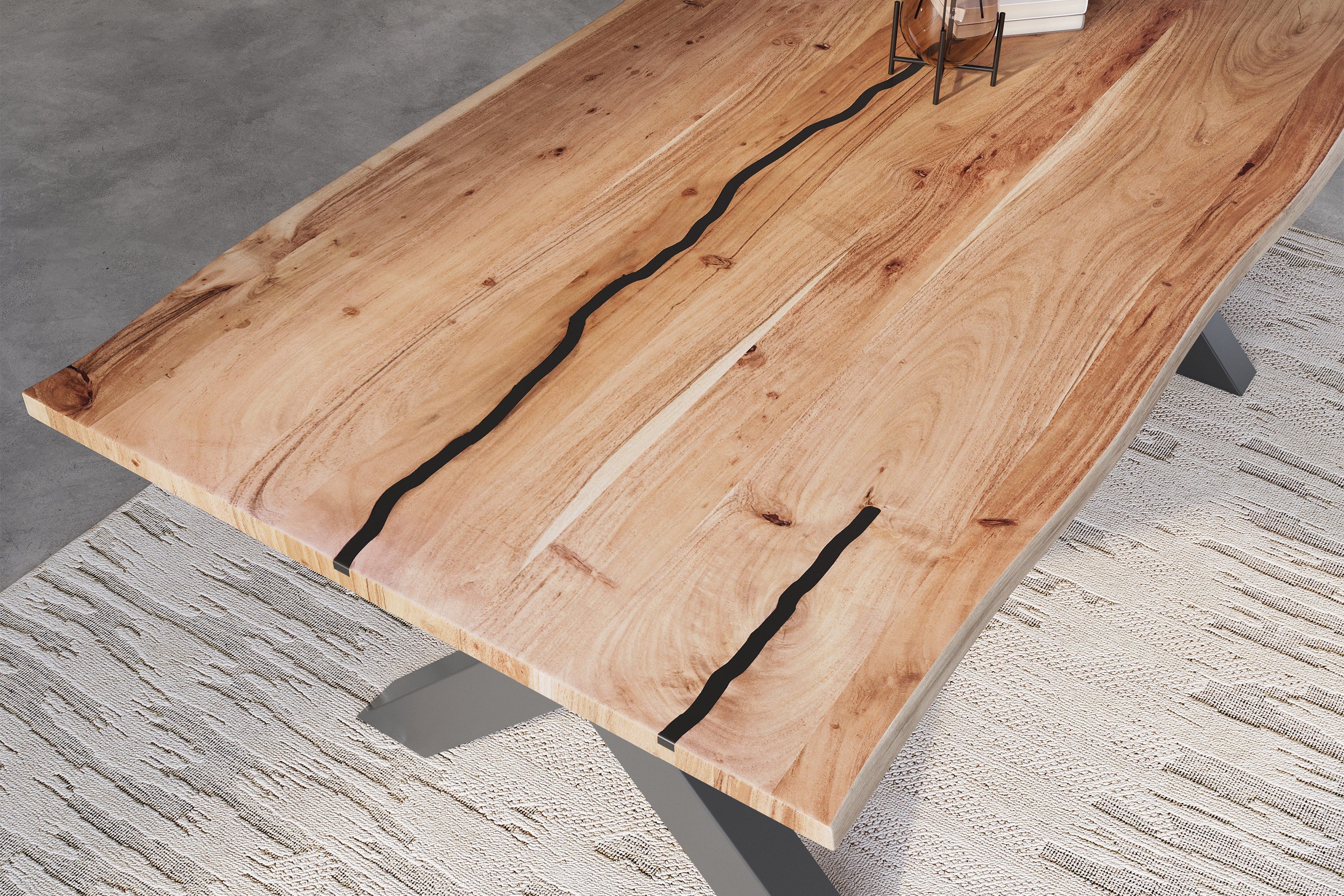 SAM® Baumkantentisch Daisy, Akazienholz, Baumkante, schwarze Resin-Adern, Metallgestell