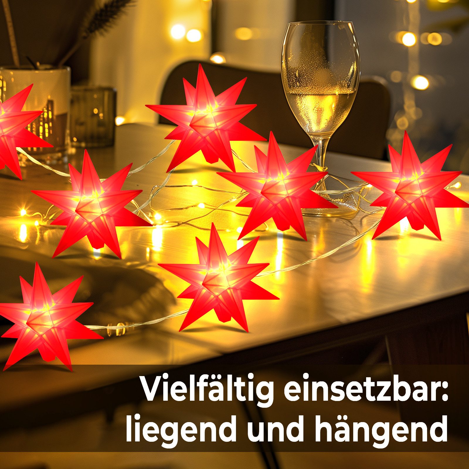 ovilum LED Stern Lichterkette 10 Sterne warmweiß, aus Kunststoff in Rot zur
