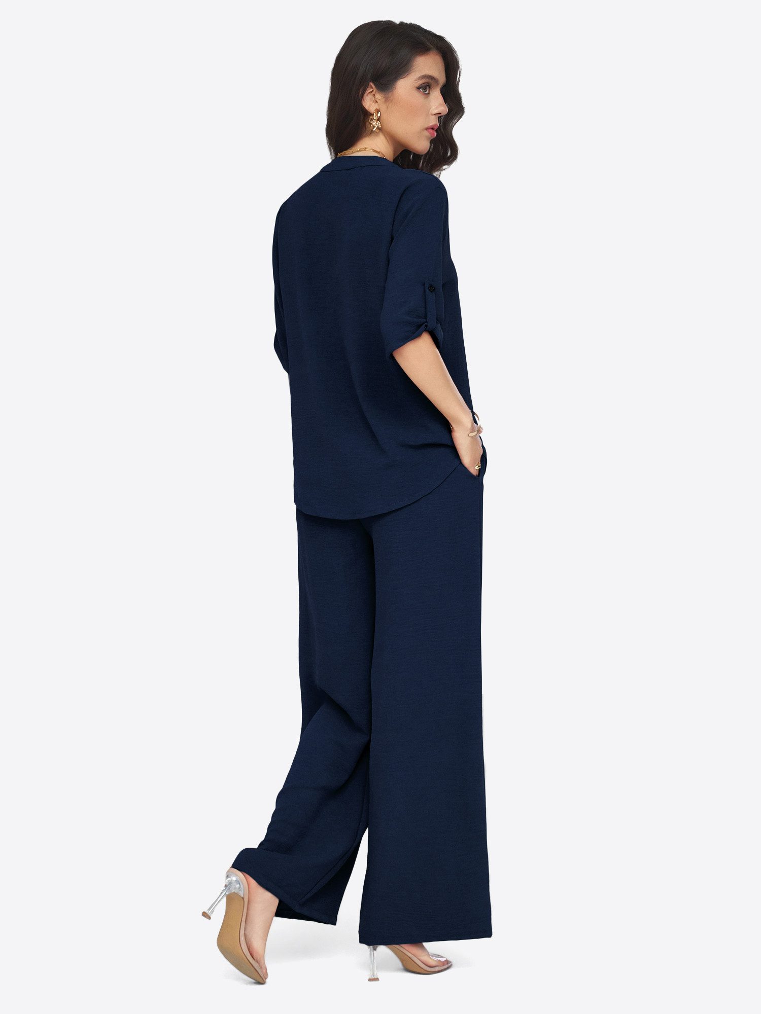 Imily Bela Hausanzug Damen 2-teiliges Freizeit-Set mit Roll-up-Ärmeln und Palazzohose (Set, 2 tlg., Bluse + Palazzohose) in Unifarbe