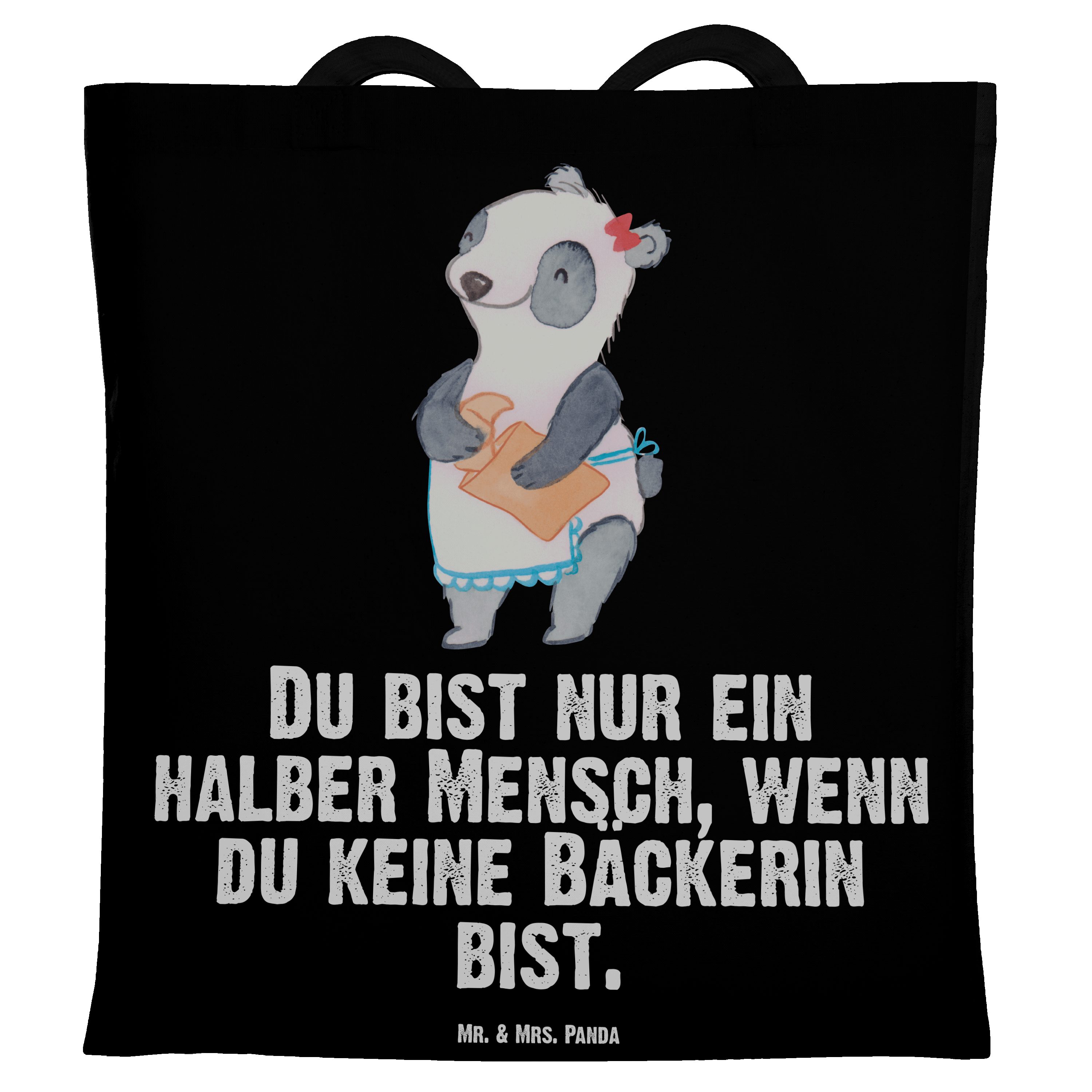 Mr. & Mrs. Panda Tragetasche Bäckerin mit Herz - Schwarz - Geschenk, Jutebeutel, Arbeitskollege, S (1-tlg)