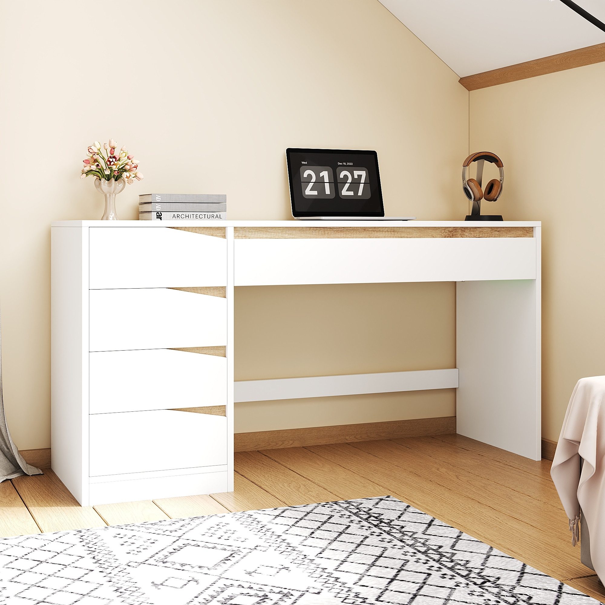 BlingBin Schreibtisch Mit 5 Schubladen,moderner Computertisch mit extra großer Arbeitsfläche (1er Set, 1-St., 140x50x78 cm), und viel Stauraum, Bürotisch für Homeoffice und Arbeitszimmer