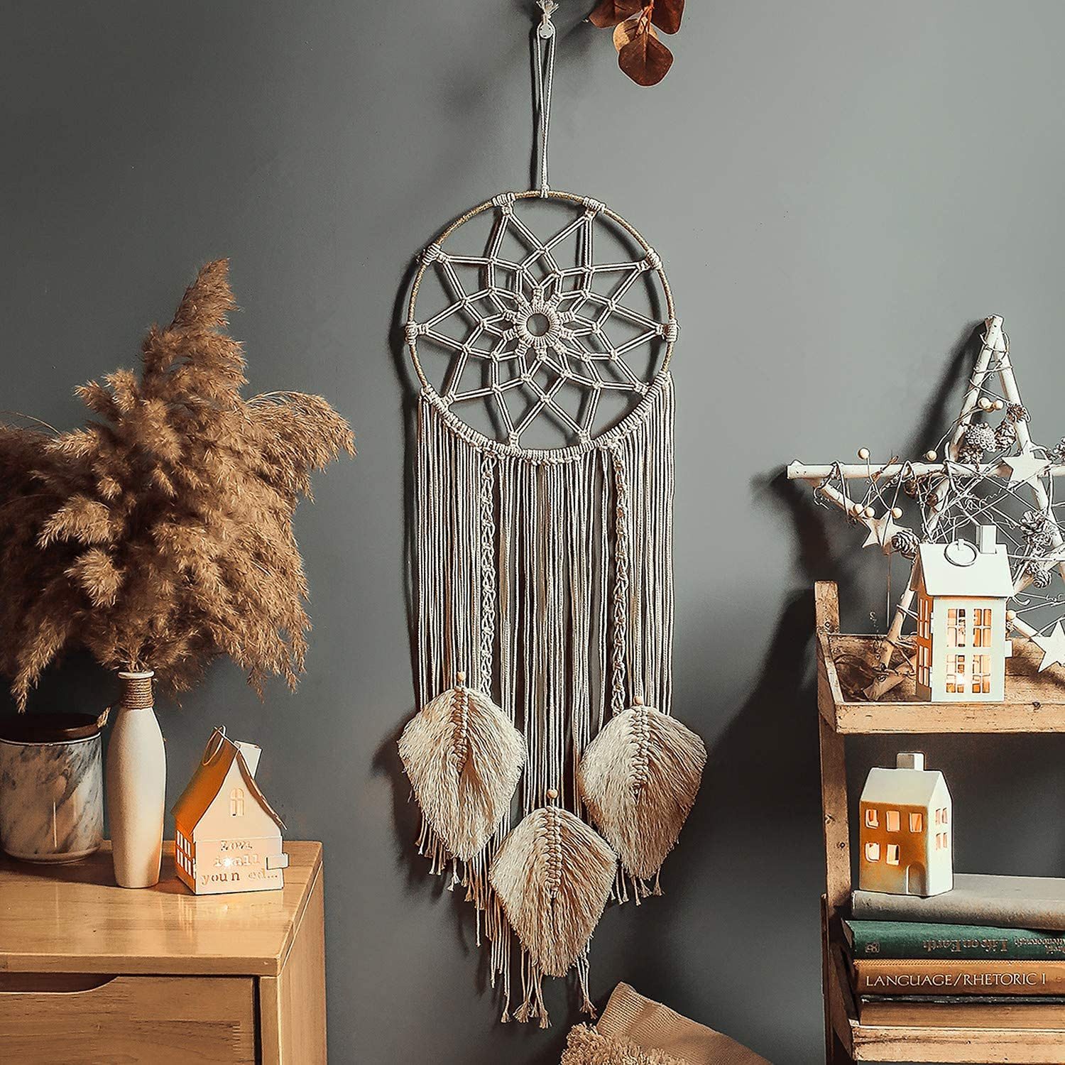 FELIXLEO Traumfänger Makramee Traumfänger Gewebte Feder Wandbehang Boho Quasten Dekoration (1 St)