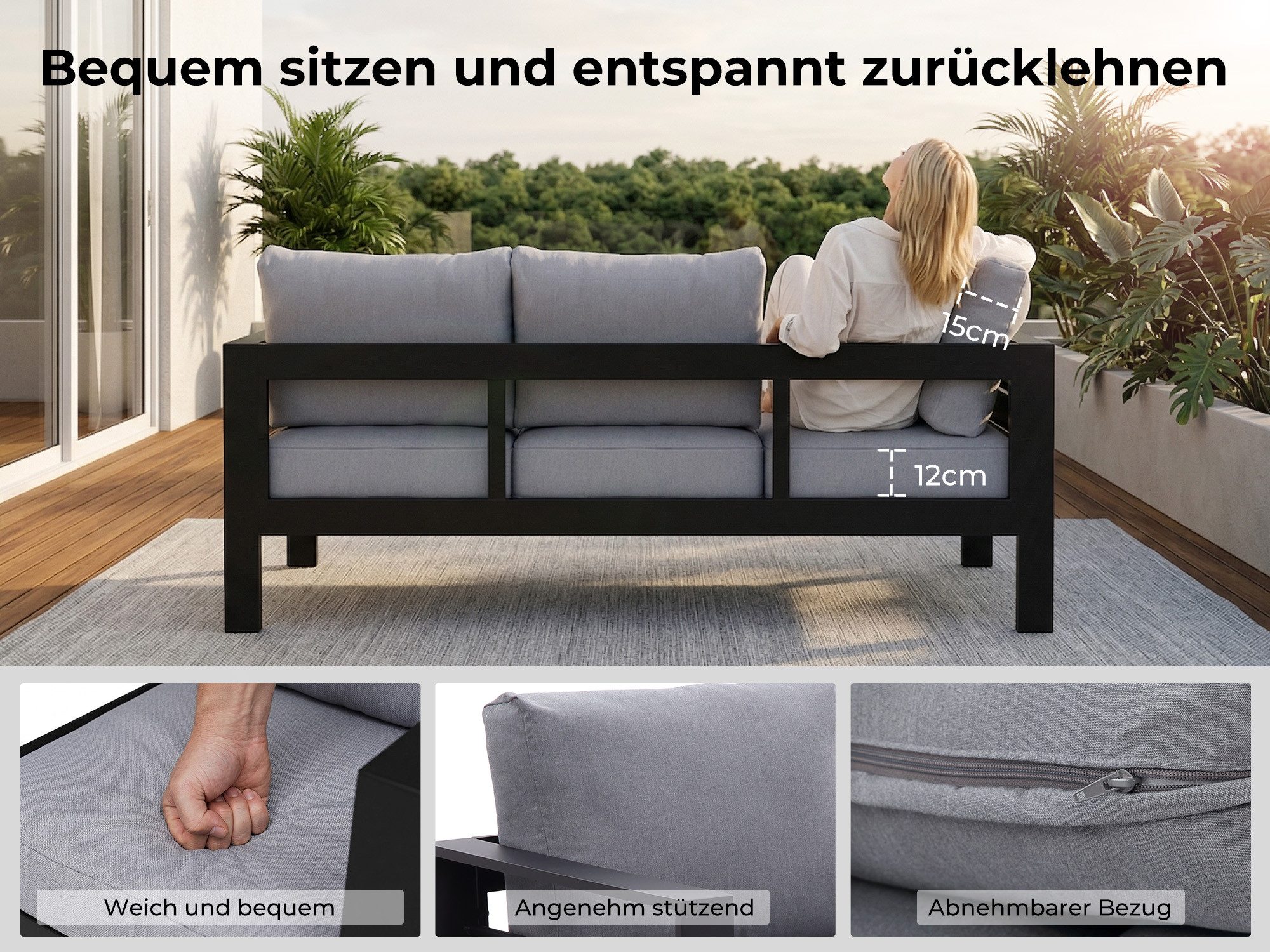 MeXo Gartenlounge-Set Gartenmöbel Set Aluminium wetterfest 6-7 Personen, (12cm Deluxe Relax-Sitzkissen, 5-tlg., Belastbarkeit pro Sitzplatz 140kg), outdoor Gart – Bild 5 von 5