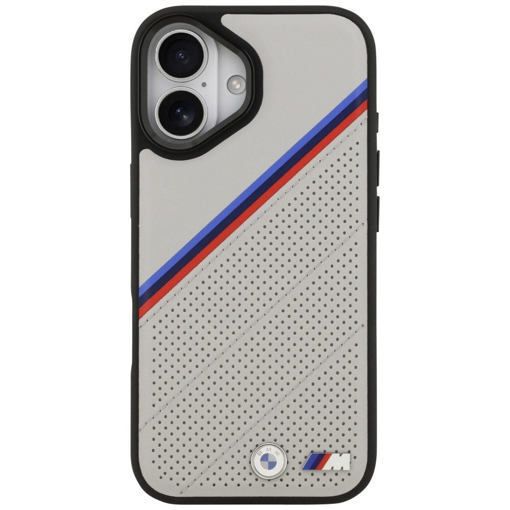 BMW Handyhülle Case iPhone 17 MagSafe Kunstleder grau Tricolor Logo Metall 6,3 Zoll, Kantenschutz