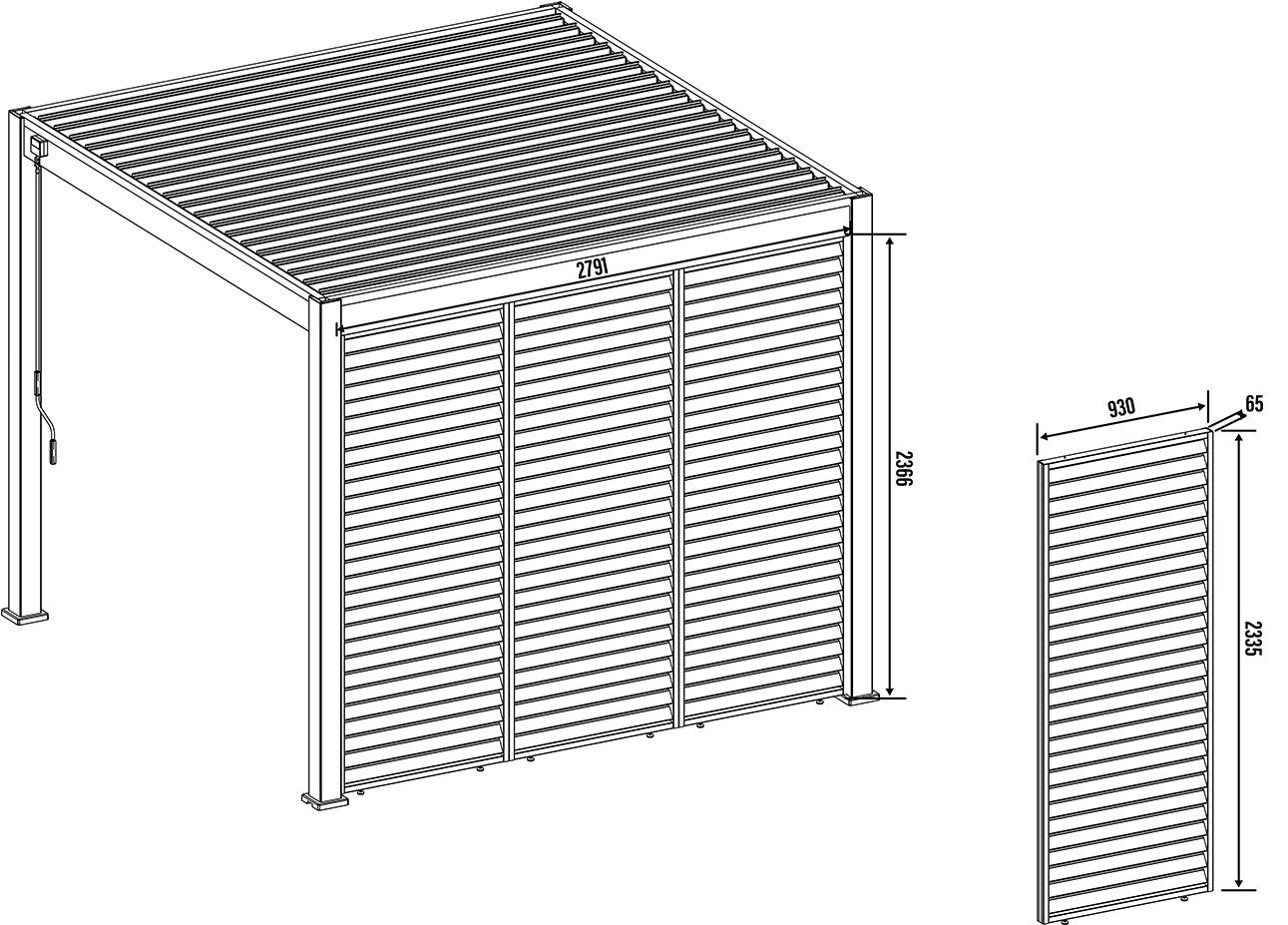 Weide Pavillonseitenteil Holzoptik Wand für Pergola drehbare Lamellen Aluminium 3 Maße, 93x234 cm, Seitenteil