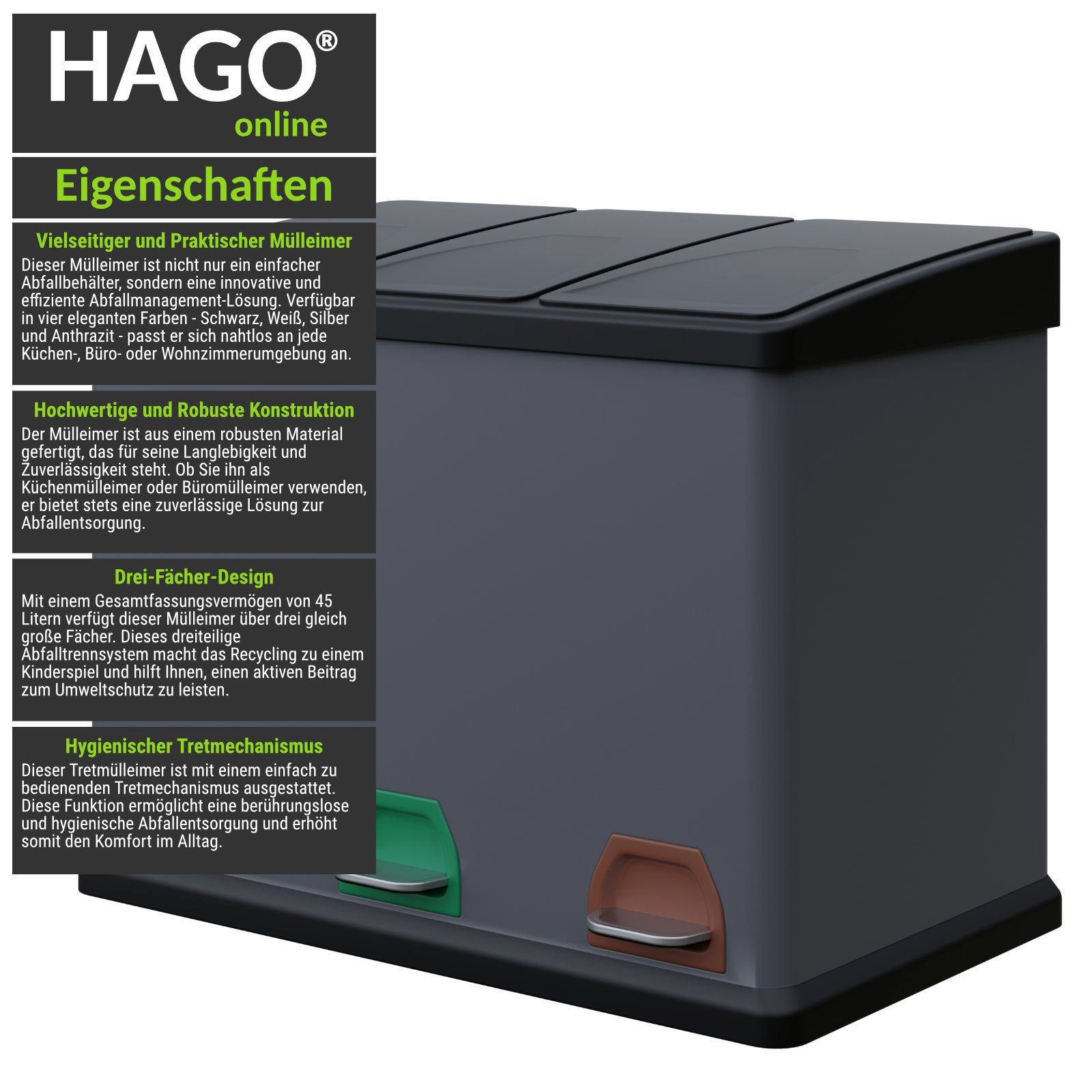 HAGO Mülltrennsystem Designer Abfalleimer Mülltrenner anthrazit Trennsystem Metal Mülleimer Recycling