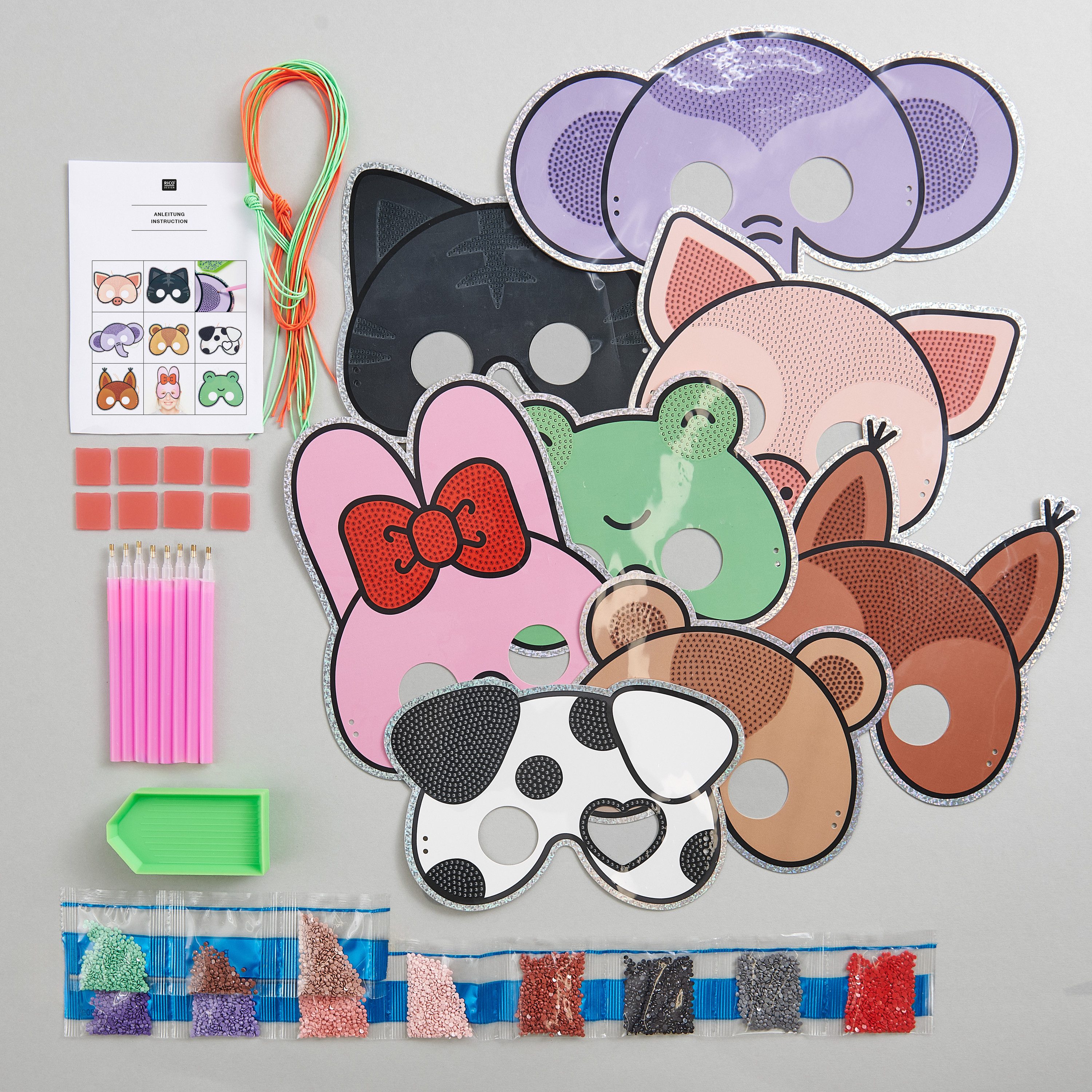 Rico Design Malvorlage Diamond Painting Set Tiermasken, 8 Stück