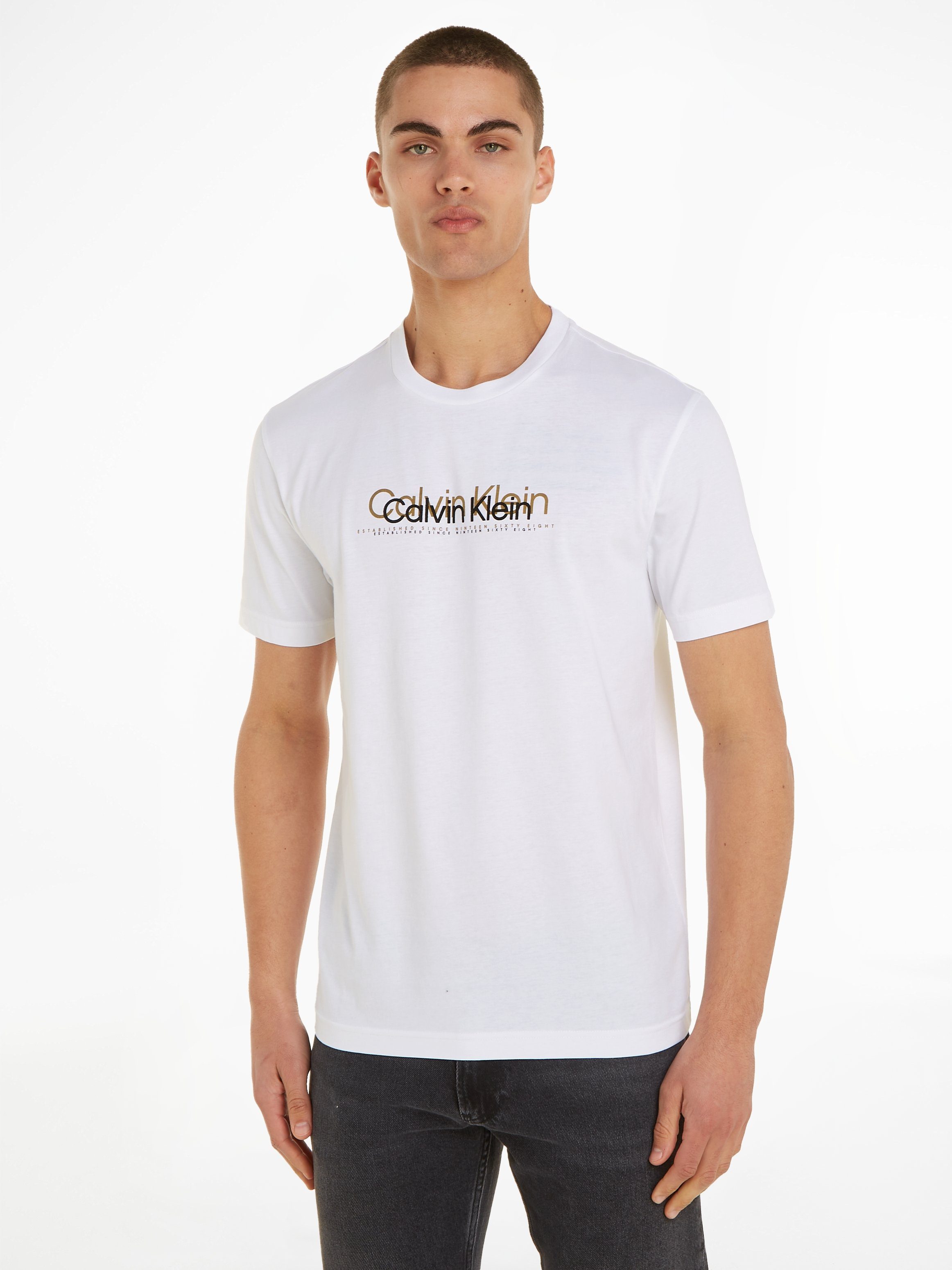 Calvin Klein T-Shirt DOUBLE FLOCK LOGO T-SHIRT mit Markenlabel Bright White