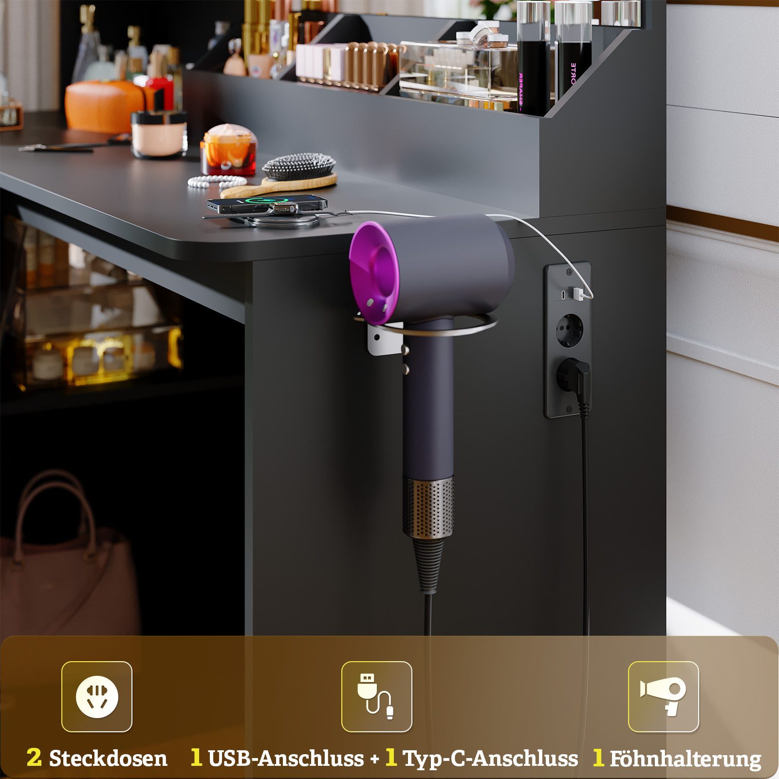 HOMALL Schminktisch Mit Stuhl und dreifarbigem LED-Spiegel, Helligkeit einstellbar (Extra groB: 120x40x 136 cm. 2 Steckdosen +1 USB-Anschluss +1 Typ-C-Anschilus – Bild 5 von 5