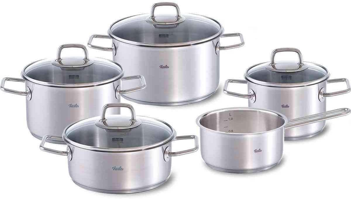 Fissler Topf-Set Viseo, Edelstahl 18/10 (9-tlg., je 1 Kochtopf 16/20/24 cm, 1 Stielkasserolle 16 cm, 1 Bratentopf 20 cm), Made in Germany,Induktionsgeeignet