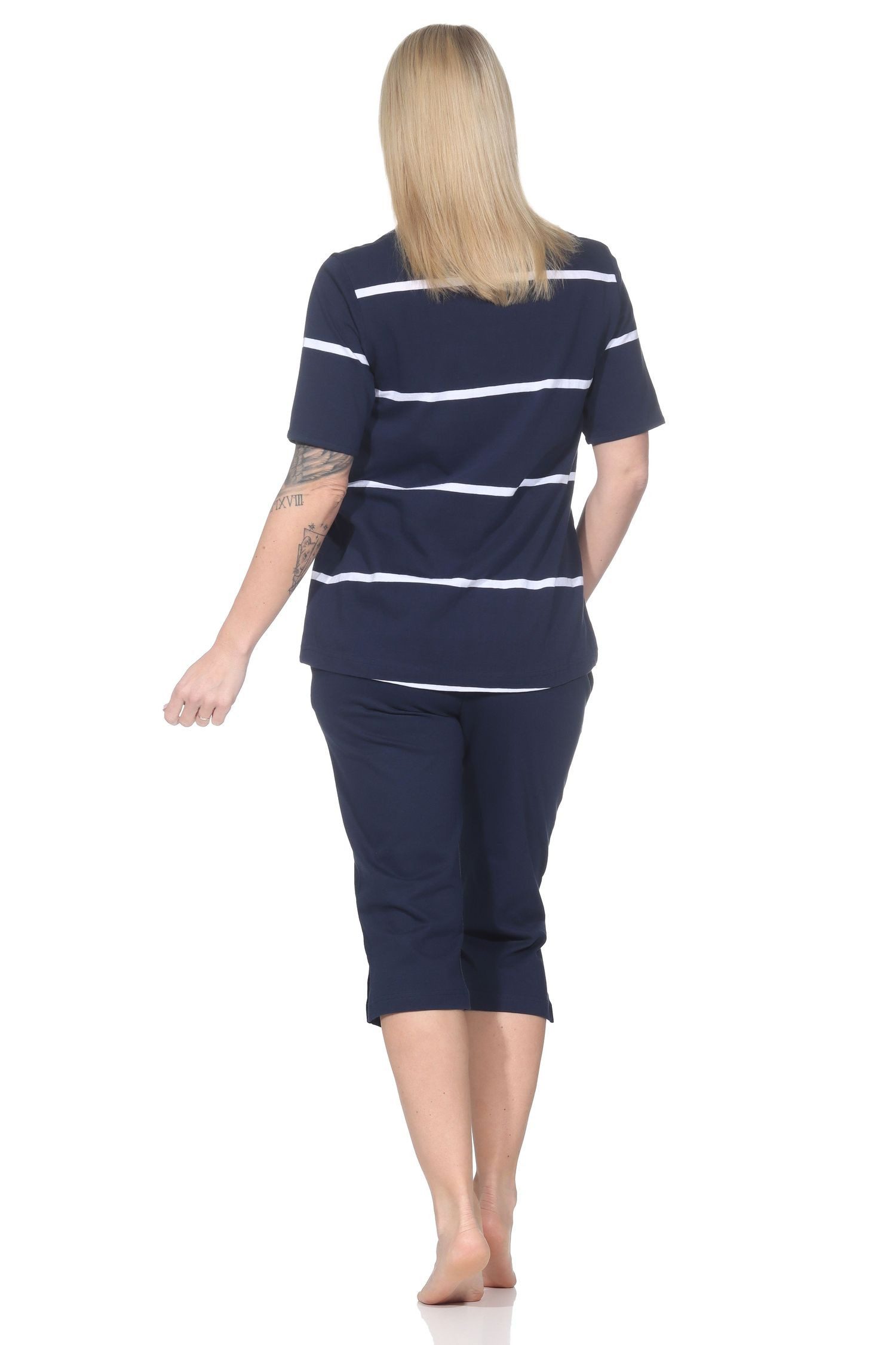 Normann Pyjama Maritimer Damen kurzarm Capri Schlafanzug mit Anker Motiv