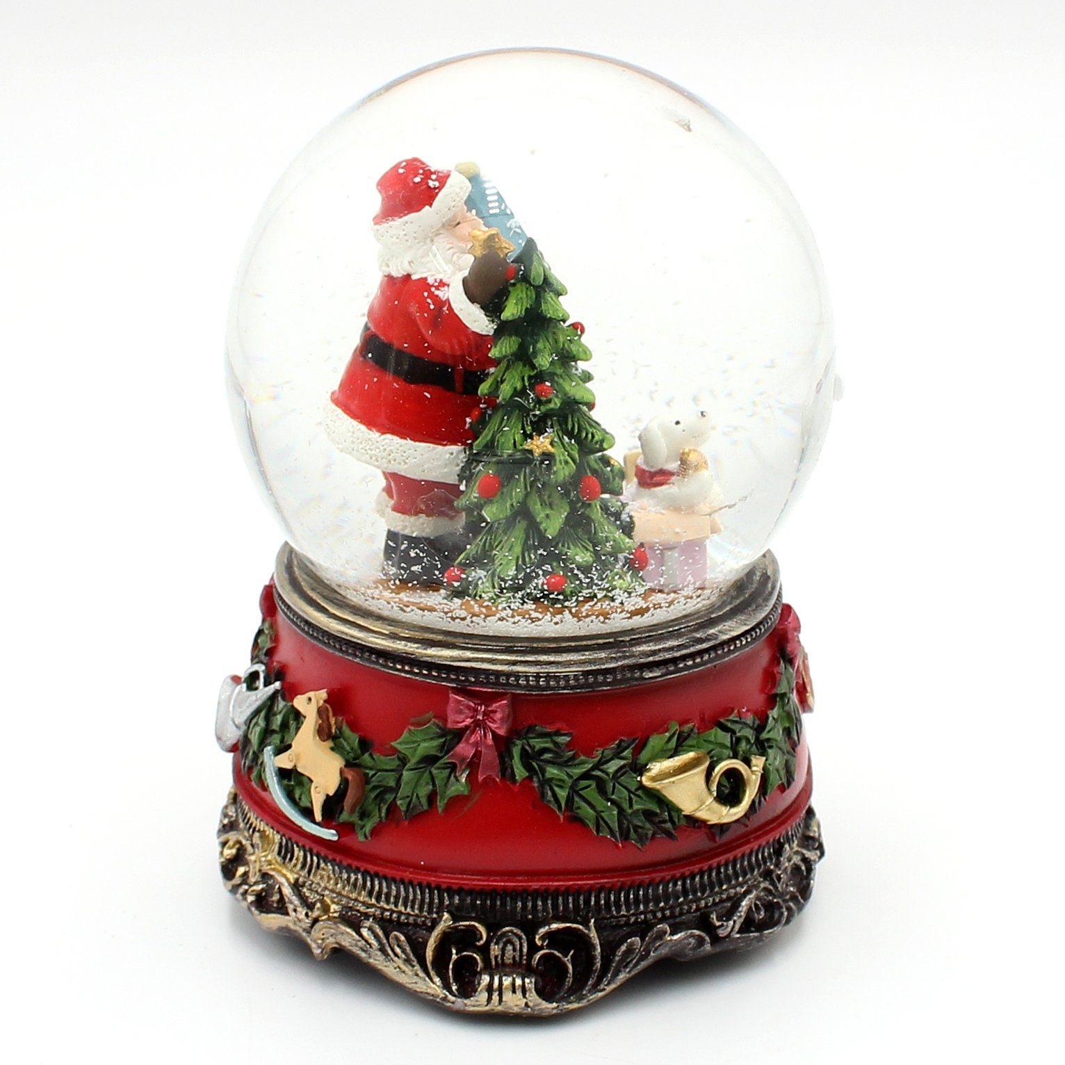 Dekohelden24 Große mit Geschenken, Schneekugel Sound, Weihnachtsmann St) mit Hund Schneekugel, (1 und