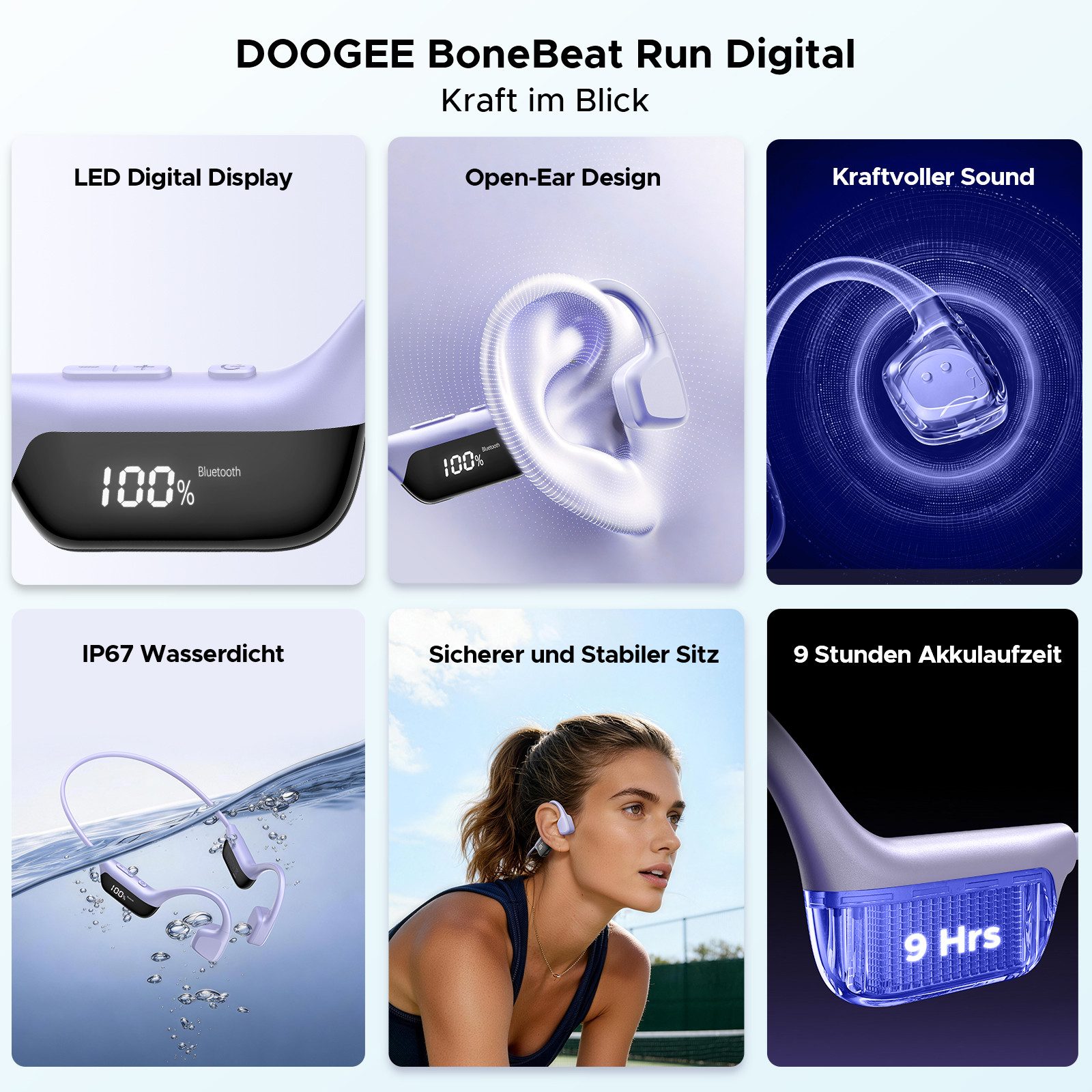 DOOGEE Knochenschall Kopfhörer, Open-Ear, LED-Display, IP67, BT 6.0 Bluetooth-Kopfhörer (9H Laufkopfhörer, Dual-Device, ideal für Laufen, Radfahren & Fitness)