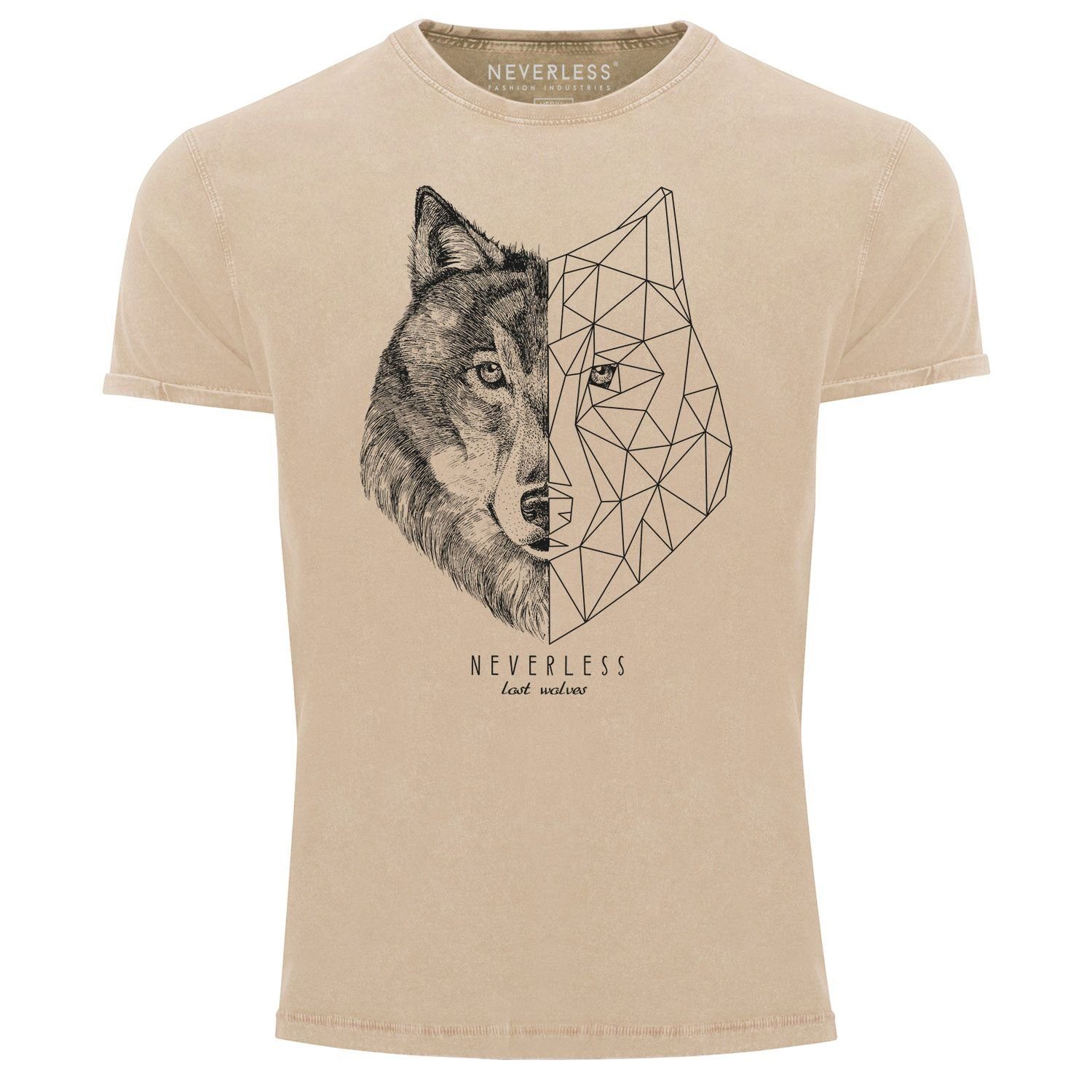 Neverless Print-Shirt Herren Vintage Shirt Wolf Polygon Kunst Grafik Tiermotiv Printshirt T-Shirt Aufdruck Used Look Neverless® mit Print natur