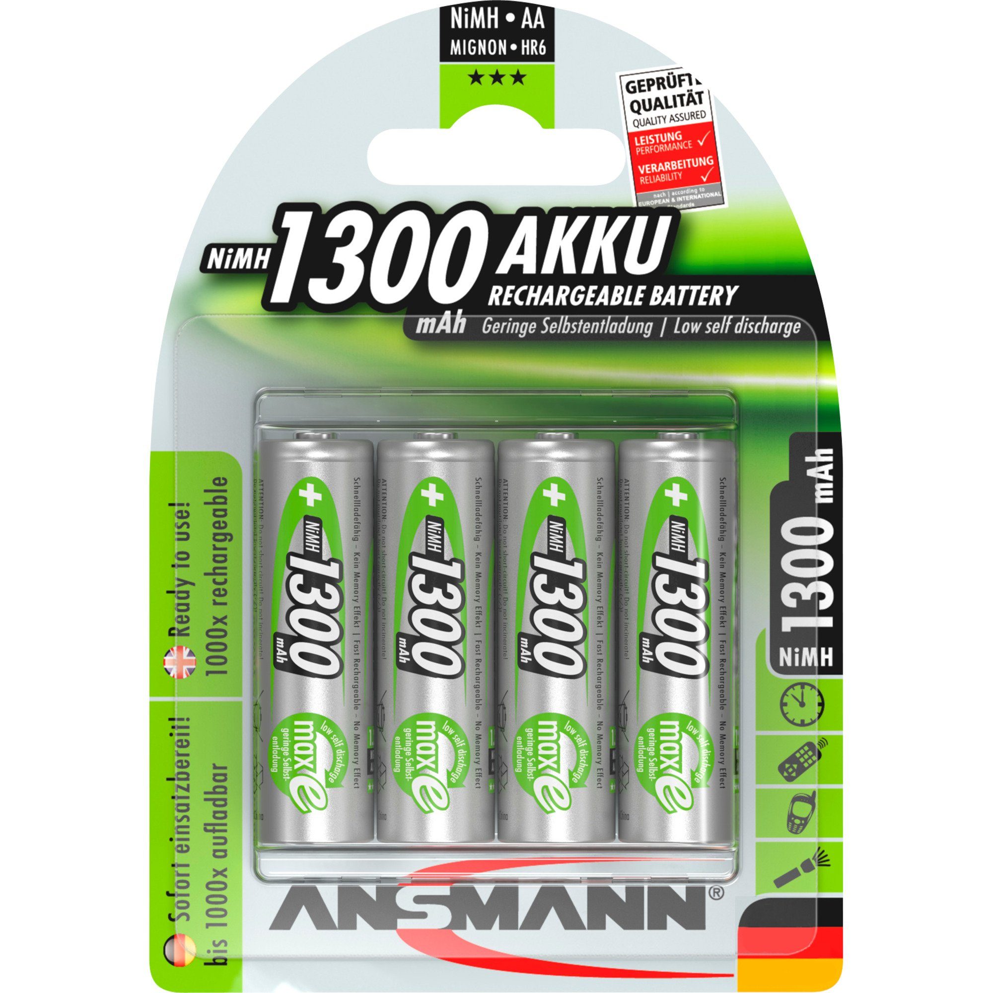 ANSMANN AG Ansmann 1300mAh, Akku, (4x AA (Mignon) Akku 1300 mAh (1,2 V V)