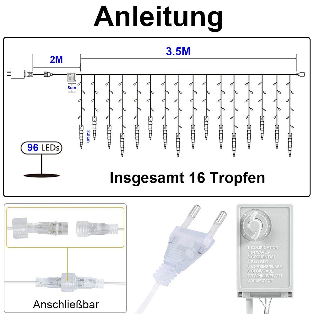 Rosnek LED-Lichtervorhang Memory-Funktion; 8 anschließbar für wasserdicht, Weihnachtsdeko, Traufe Warmweiß Eiszapfen-Anhänger, Modi