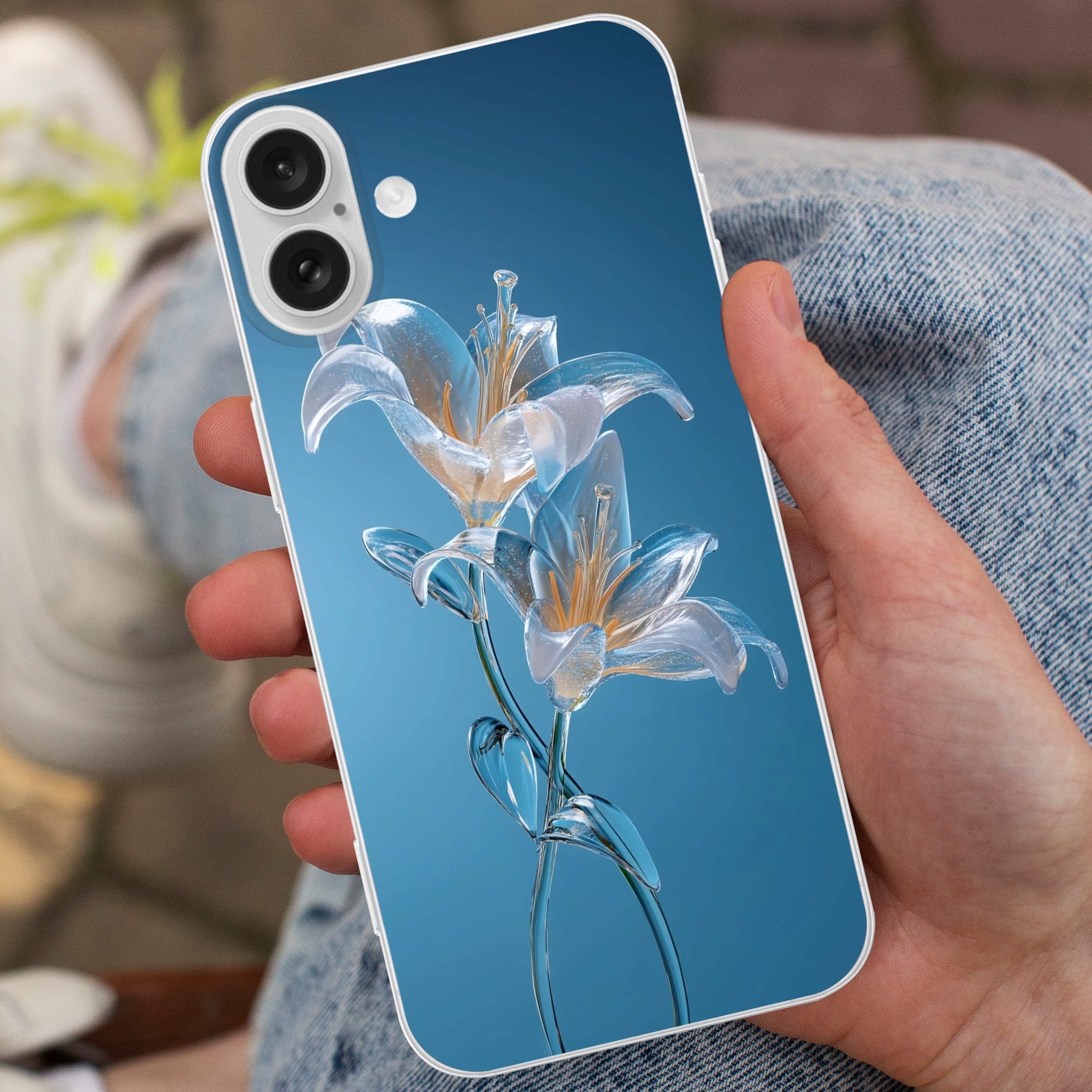 MuchoWow Handyhülle für Apple iPhone 16 Plus Lilien - Blau - Gläser, Smartphone-Bumper, Print, Handy Schutzhülle Dünn