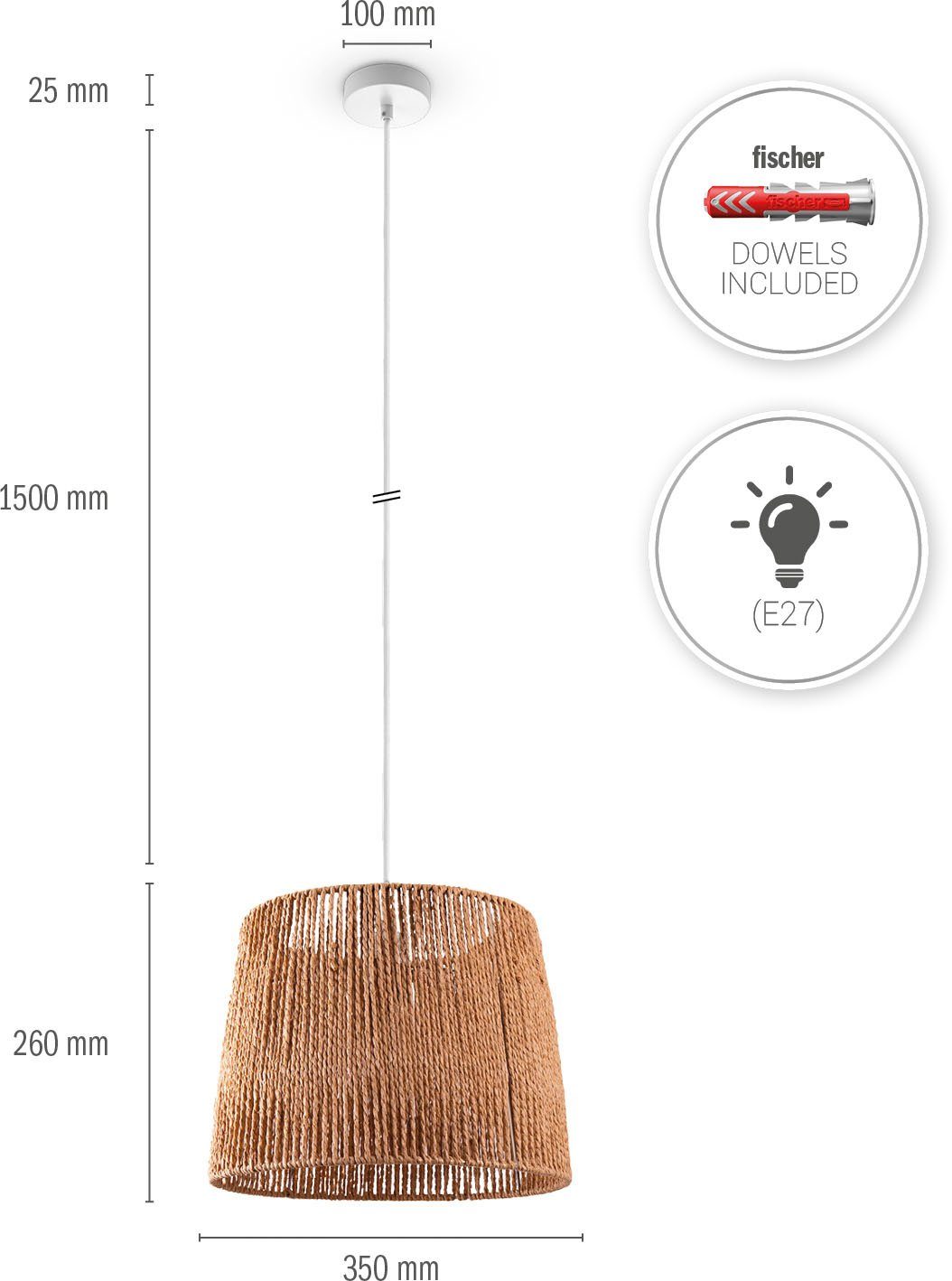 Lampenschirm Amadeo, Wohnzimmer natur Paco ohne Hugo Rattan Home Esszimmer Optik Papier Leuchtmittel, Boho Pendelleuchte weiß