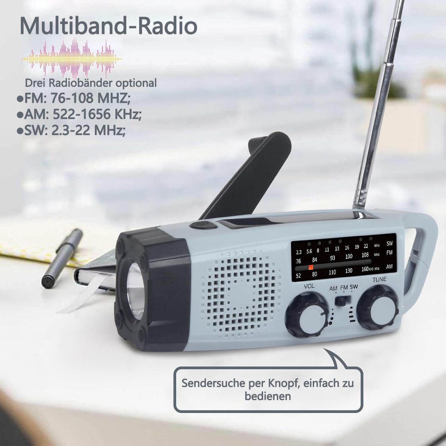 ibettertec Radio, Solar Radio,AM/FM notfallradio, Kurbelradio mit powerbank Radio (7,5 W, Led Taschenlampe, SOS-Alarm, handy ladefunktion, für Camping, Ourdoor)