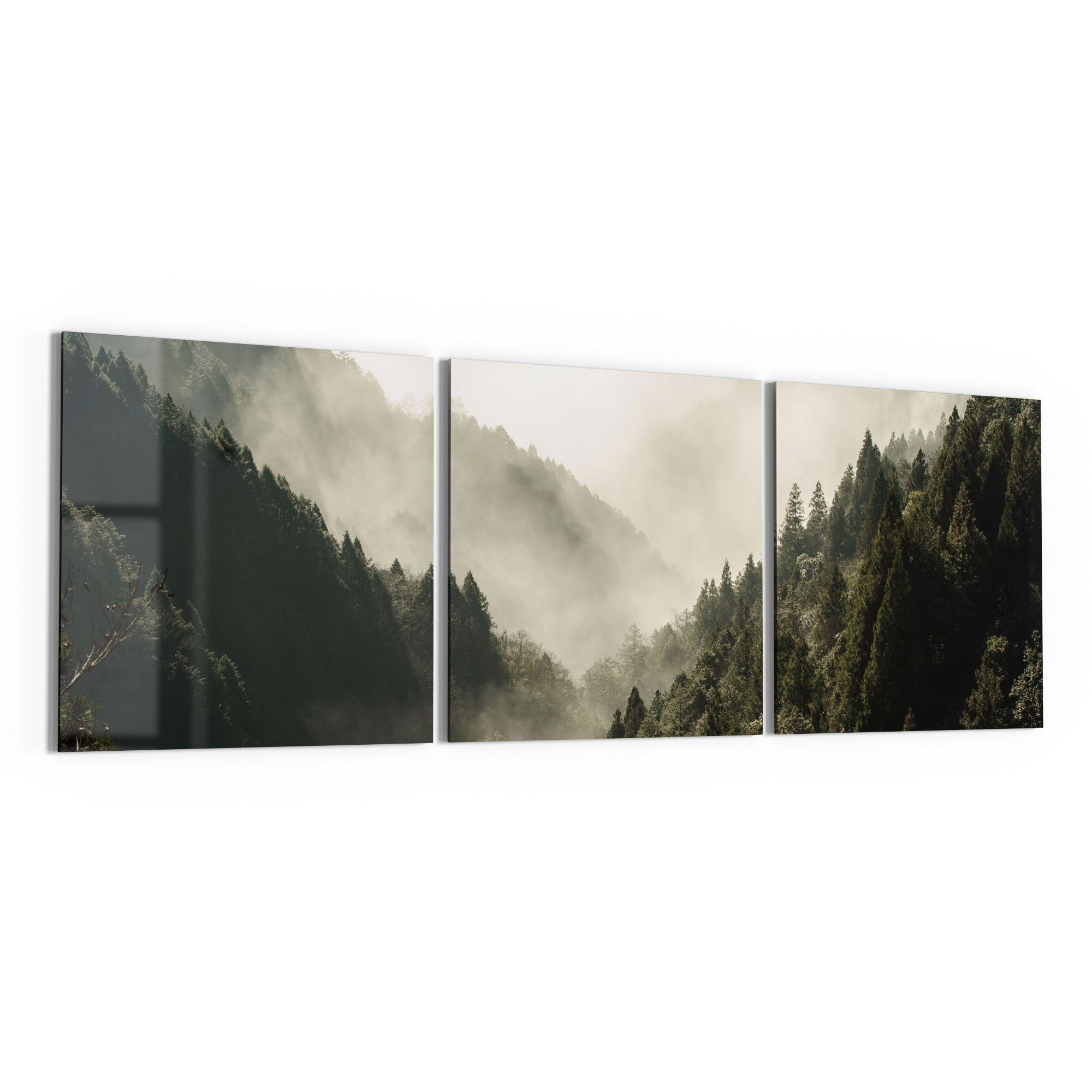 DEQORI Glasbild 'Nebel in den Bergen', 'Nebel in den Bergen', Glas Wandbild Bild schwebend modern
