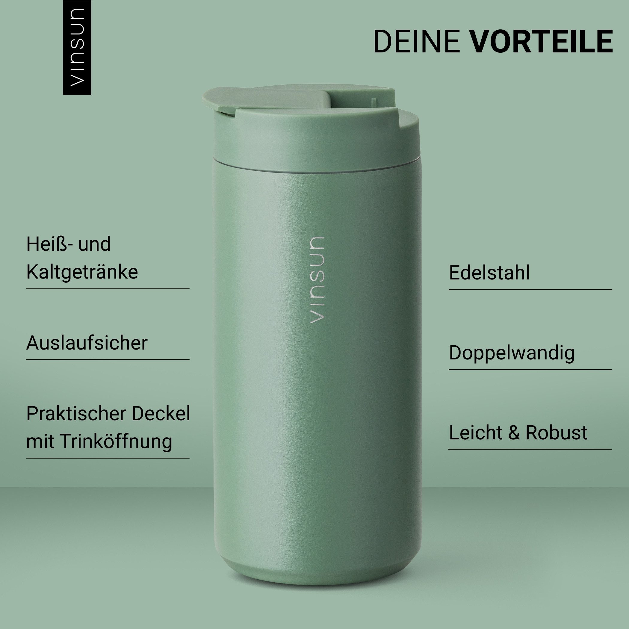 Vinsun Thermobecher Edelstahl Isolierbecher 350ml - Kaffeebecher doppelwandig isoliert, 2-tlg., Edelstahl, BPA frei, auslaufsicher, bruchfest, Kalt- und Heißgetränke