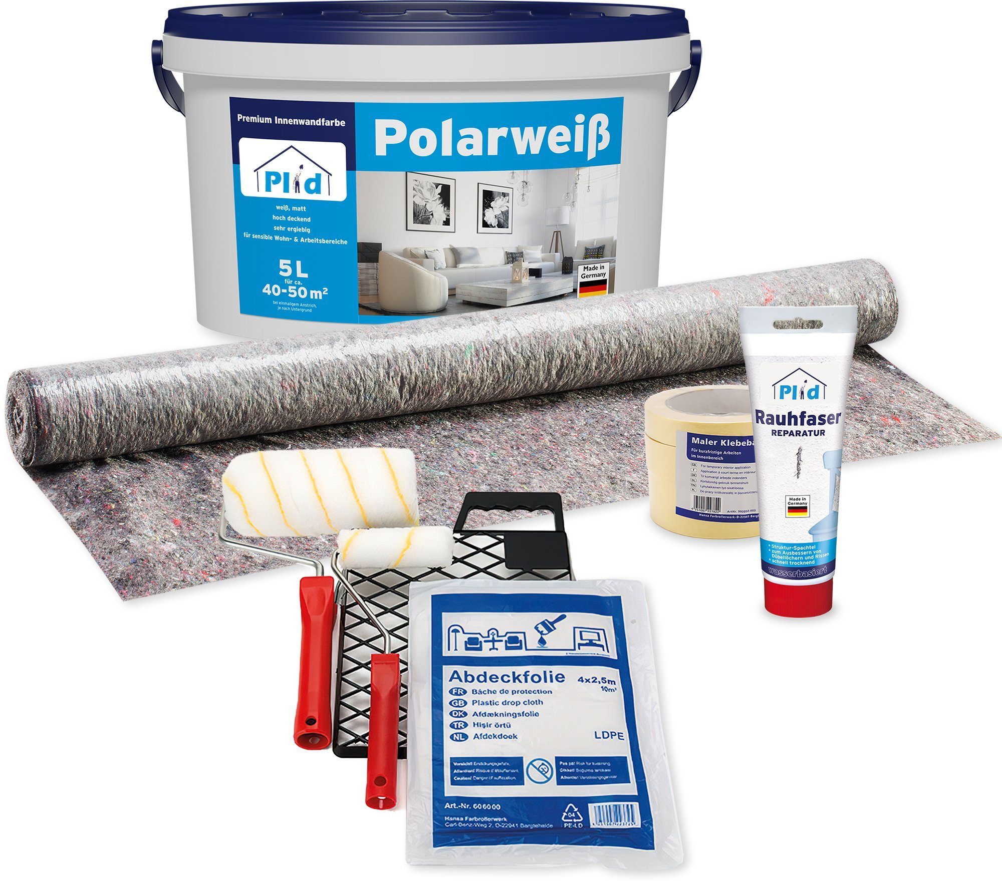 plid Wand- und Profi Set, Polarweiss Deckenfarbe Deckenfarbe spritzarm, Premium Wandfarbe Farbe Innenfarbe verarbeitungsfertig Schnelltrocknend