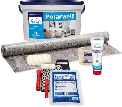 plid Wand- und Deckenfarbe Premium Polarweiss Innenfarbe Wandfarbe Deckenfarbe Profi Farbe Set, Schnelltrocknend, spritzarm, verarbeitungsfertig