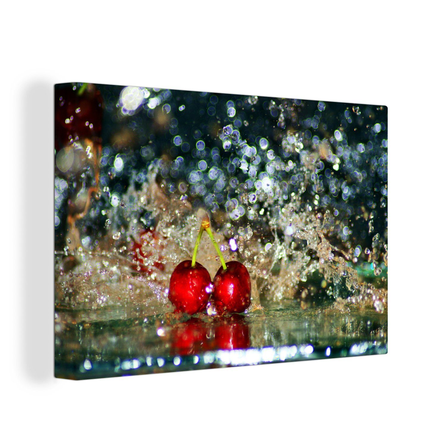 OneMillionCanvasses® Leinwandbild Wasser - Kirsche - Obst, (1 St), Wandbild Leinwandbilder, Aufhängefertig, Wanddeko, 30x20 cm