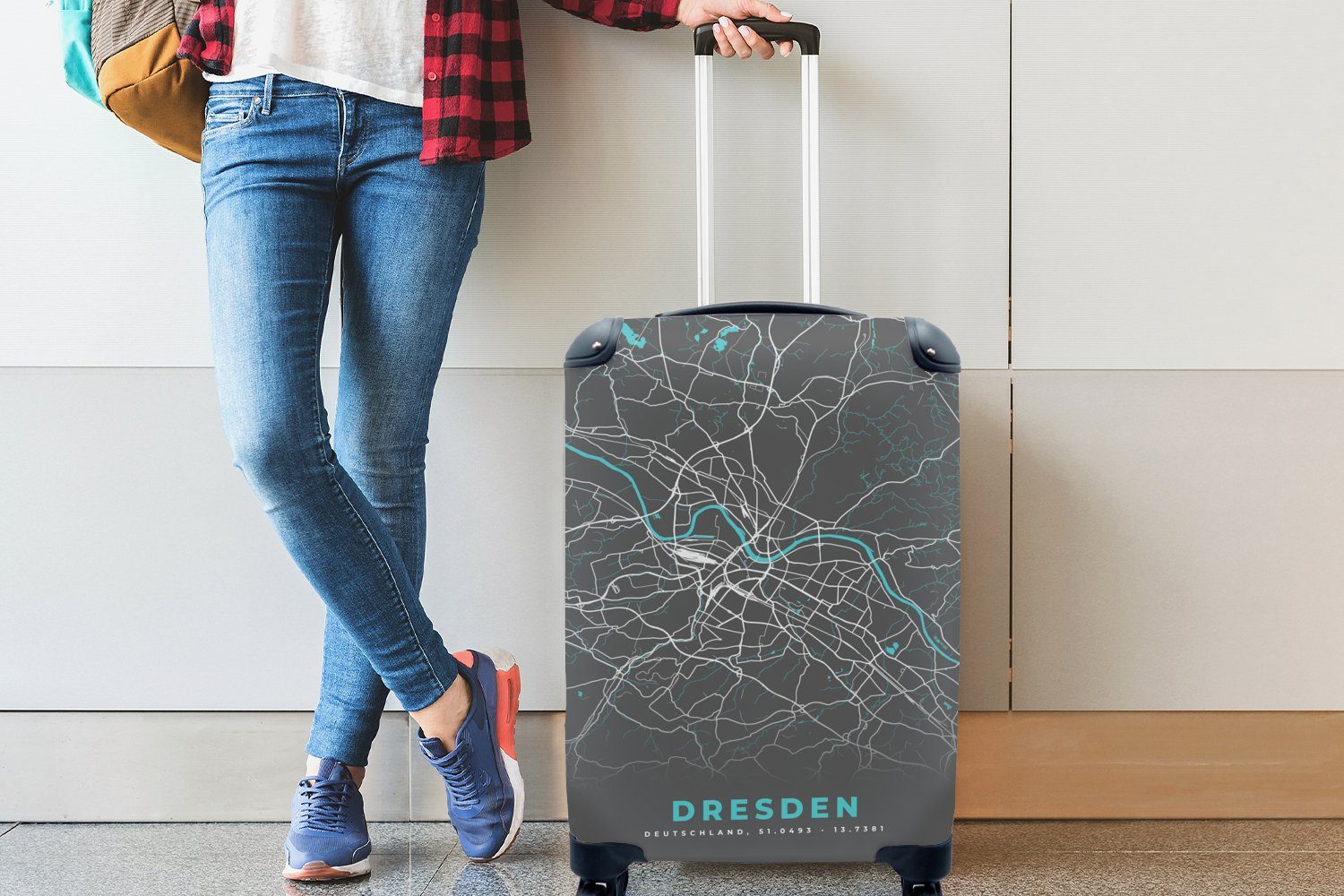 Reisekoffer Blau Reisetasche Trolley, für - Handgepäckkoffer - - Ferien, MuchoWow Deutschland Handgepäck - 4 Karte Dresden, Rollen, Stadtplan mit rollen,