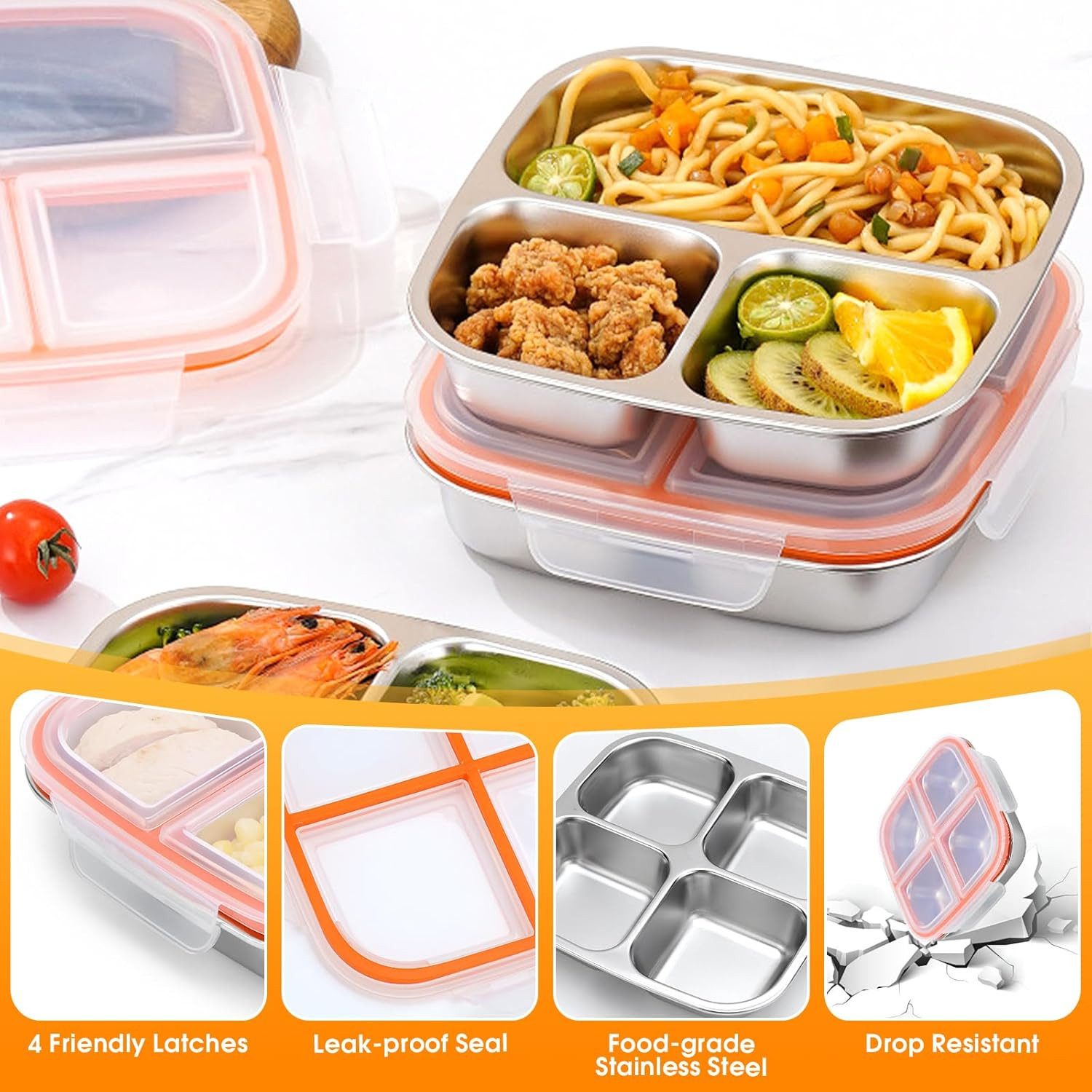 FELIXLEO Lunchbox 2er Snackbox 4 Fächer Edelstahl Brotdose 600ML Lunchbox Kinder Weiß