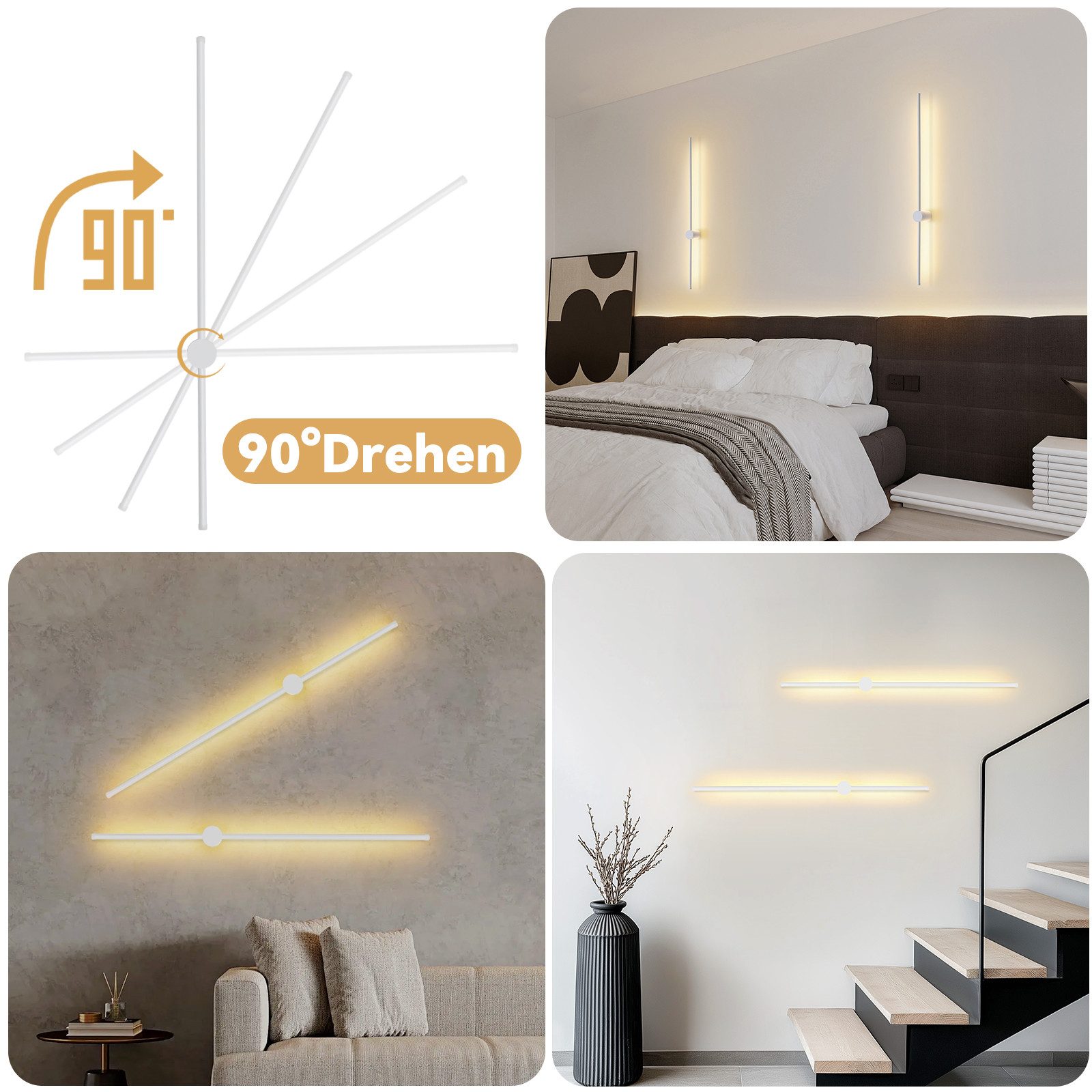 ZMH LED Wandleuchte Innen 60/100CM Weiß Flurlampe Modern 3000K für Wohnzimmer, Augenschutz, LED fest integriert, Warmweiß, Schwenkbar 90° Bettlampe für Flur Treppenhaus