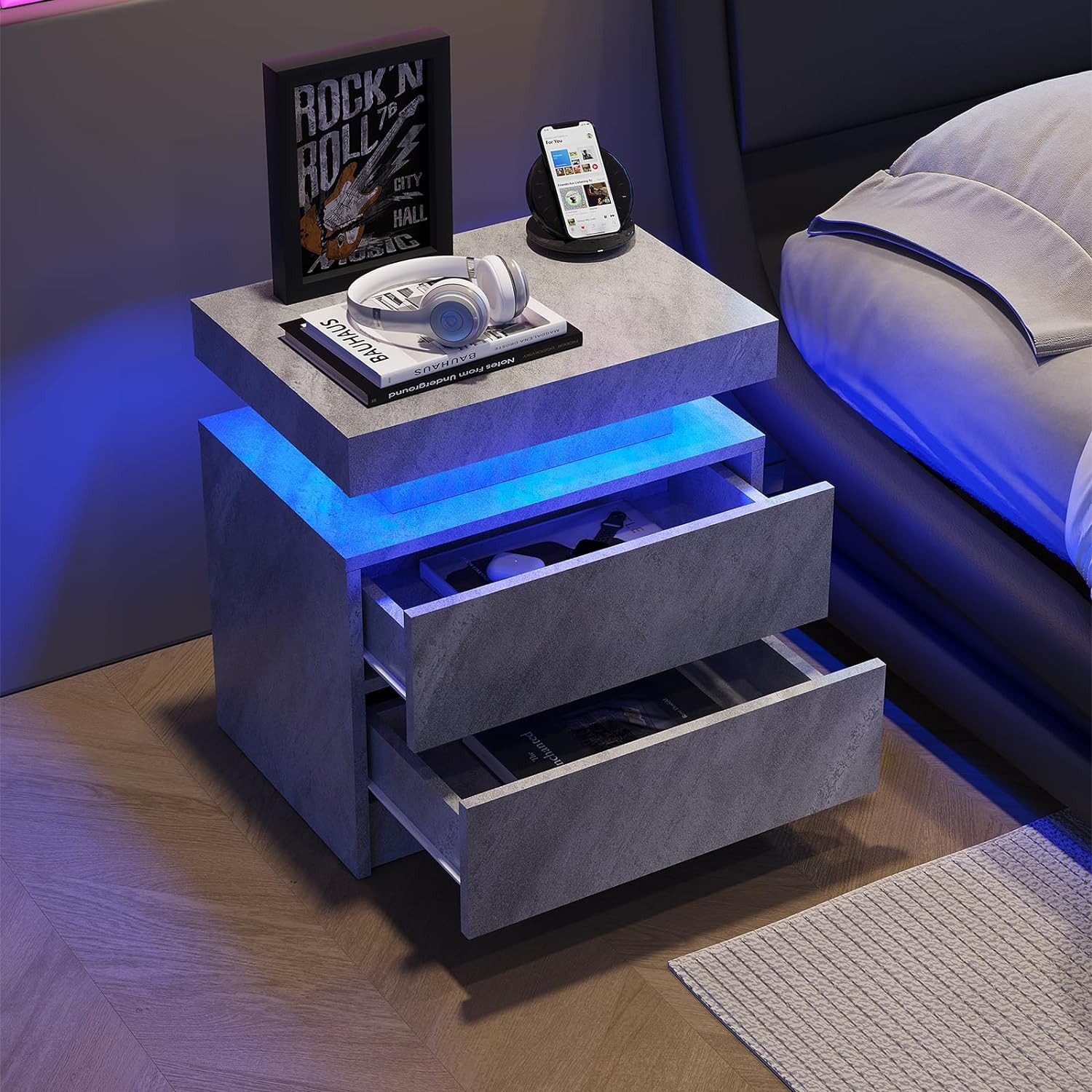 OKWISH Nachttisch LED Kommode mit 2 Schubladen, Nachtschrank Nightstand Beistelltisch (Nachtkonsole einstellbare mehrfarbige LED-Beleuchtung, großer Stauraum, mit einstellbarem LED-Licht, großem Stauraum und stilvollem Design)