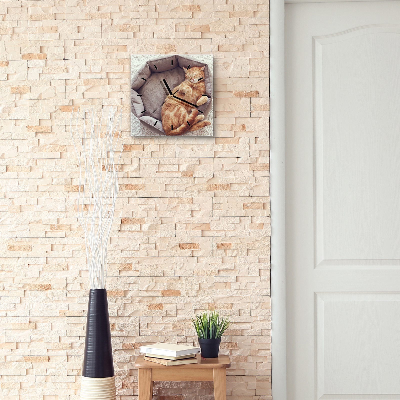 cm mit Wanduhr 30 x im Korb 30 Glasuhr Wanduhr Größe Wandkunst Motiv Katze Primedeco