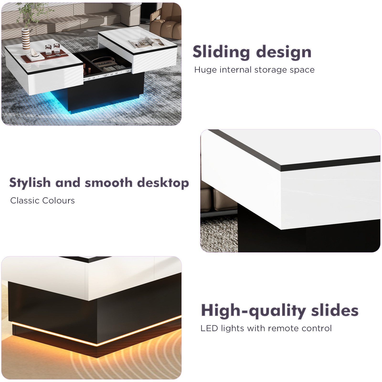 oyajia Couchtisch Wohnzimmertisch mit LED Beleuchtung & Fernsteuerung (Bluetooth-Fernbedienung,App-Steuerung, stabil, pflegeleicht), Teetisch mit ausziehbar Tisch & Stauraum