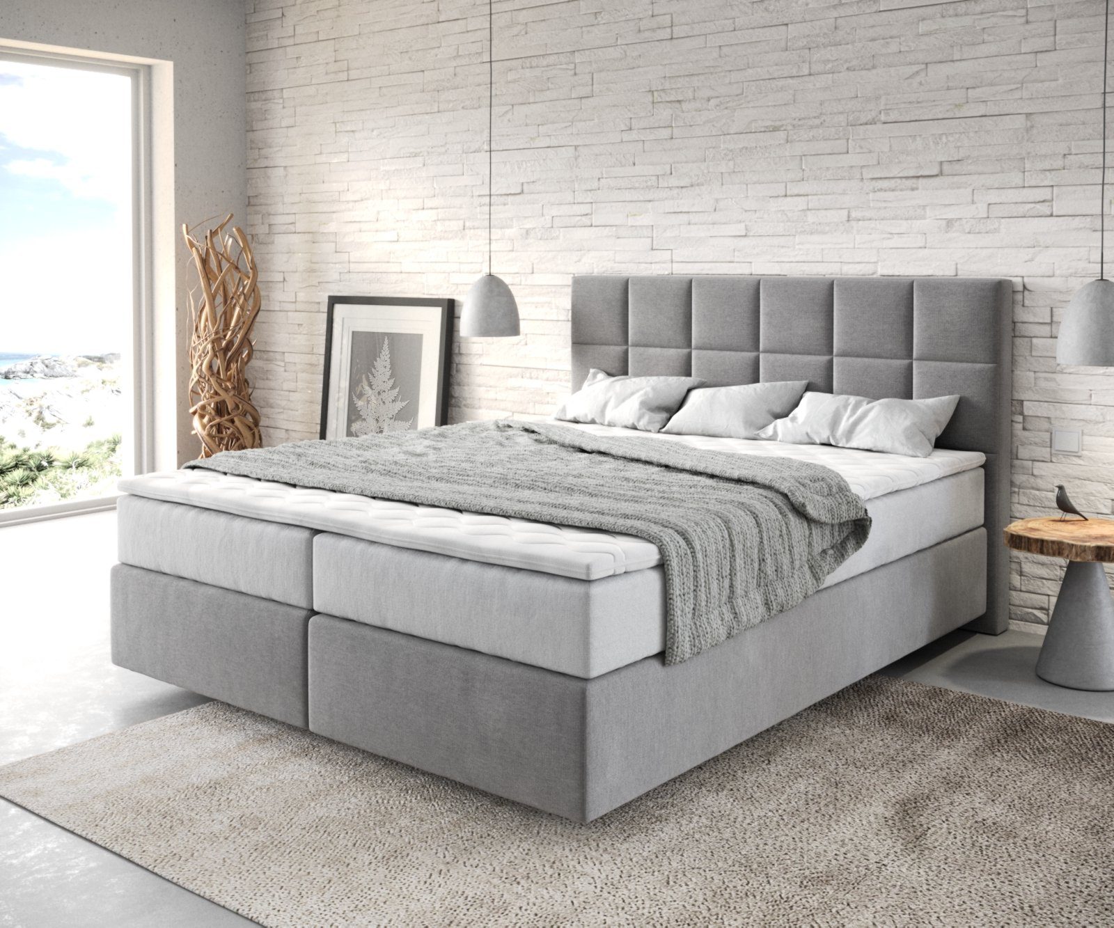 DELIFE Boxspringbett Dream-Fine, Mikrofaser Grau 160x200 cm mit TFK Matratze und Visco Topper