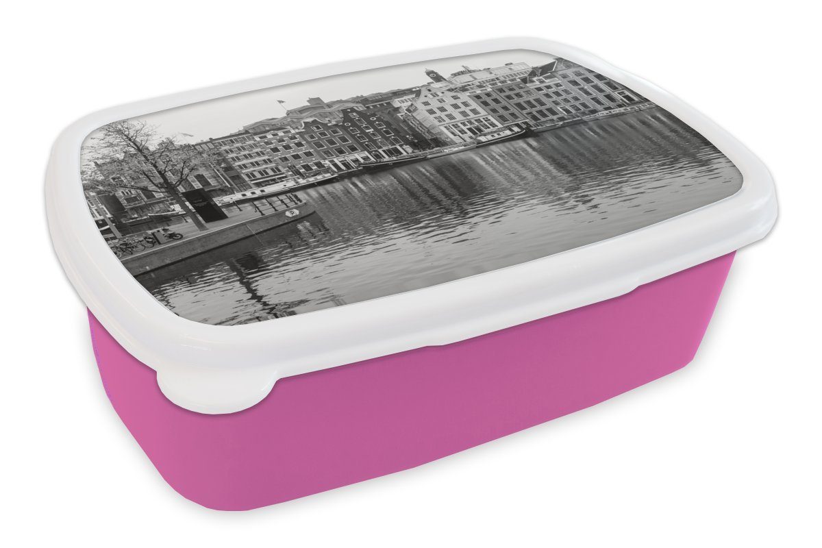MuchoWow Lunchbox Die Amstel - Schwarz und Weiß, Kunststoff, (2-tlg), Brotbox für Erwachsene, Brotdose Kinder, Snackbox, Mädchen, Kunststoff rosa