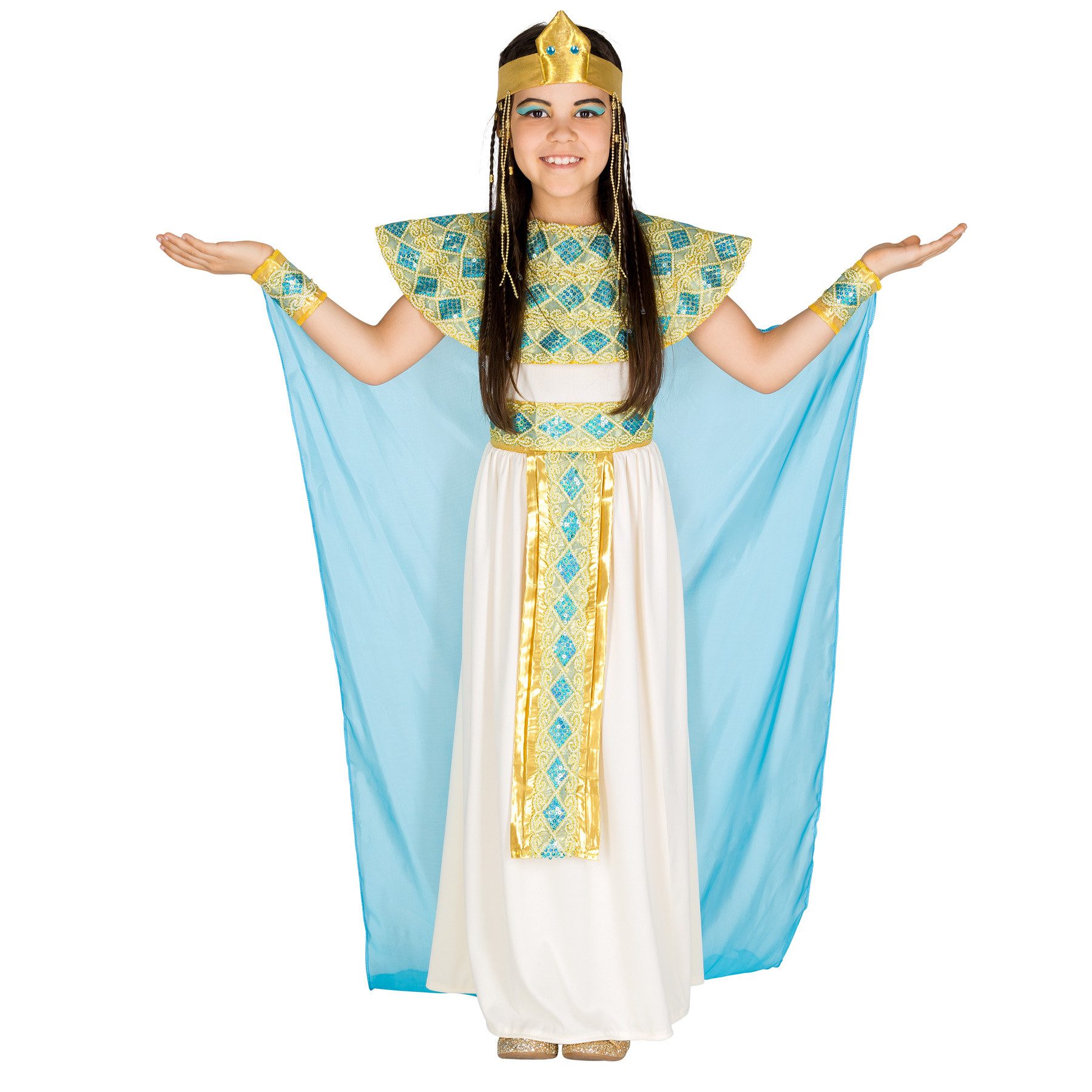 dressforfun Kostüm Pharaonin/Ägyptische Königin, in weiß, Gr. 140 (10-12 Jahre), Kleid, Wundervoller mit Pailletten bestickter Kragen mit Klettverschluss