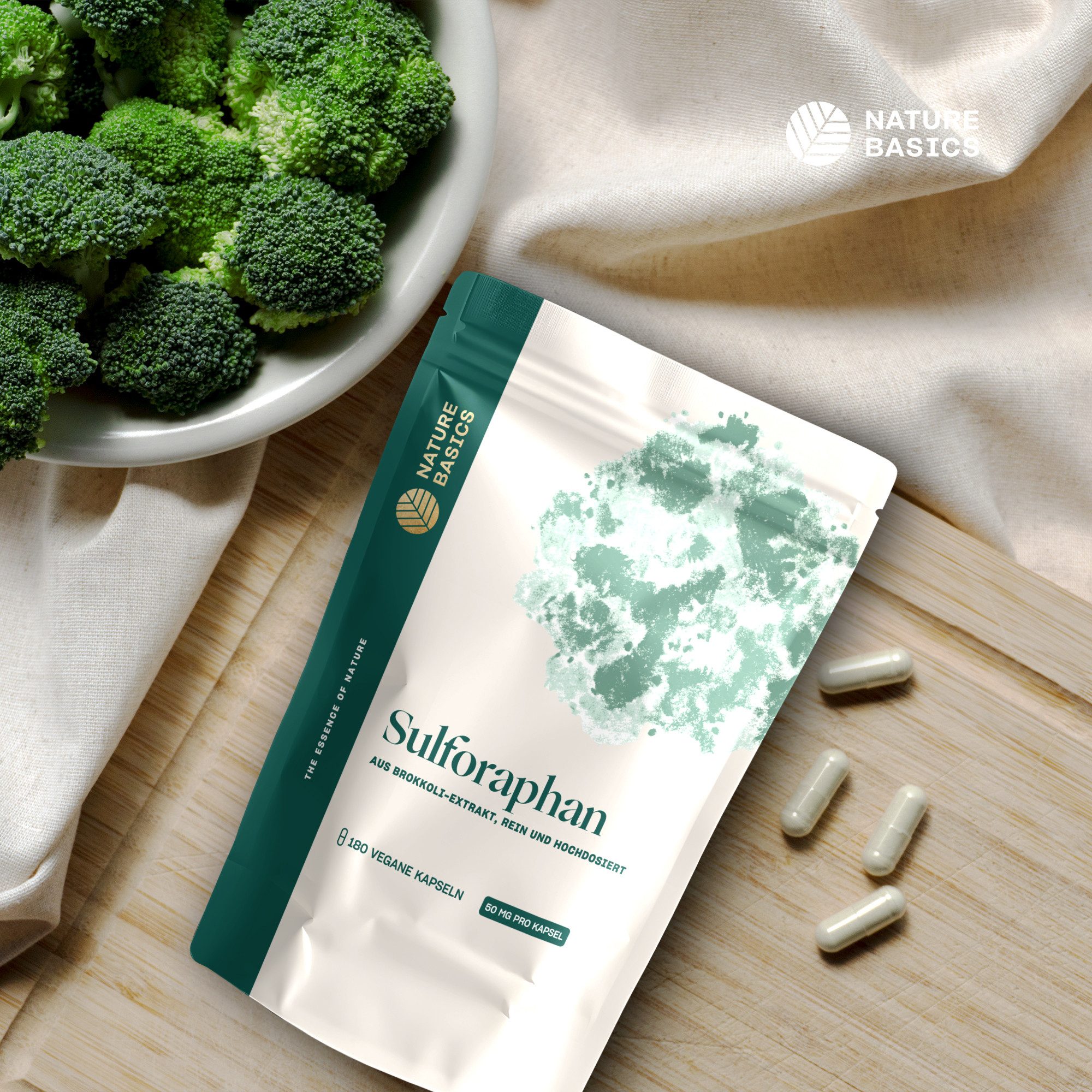 Nature Basics Sulforaphan 500mg Brokkoli Extrakt Vegane Kapseln 180 Kapseln, mit 10% reinem Sulforaphan, 50mg, pro Tagesdosis, Antioxidans à 110 g