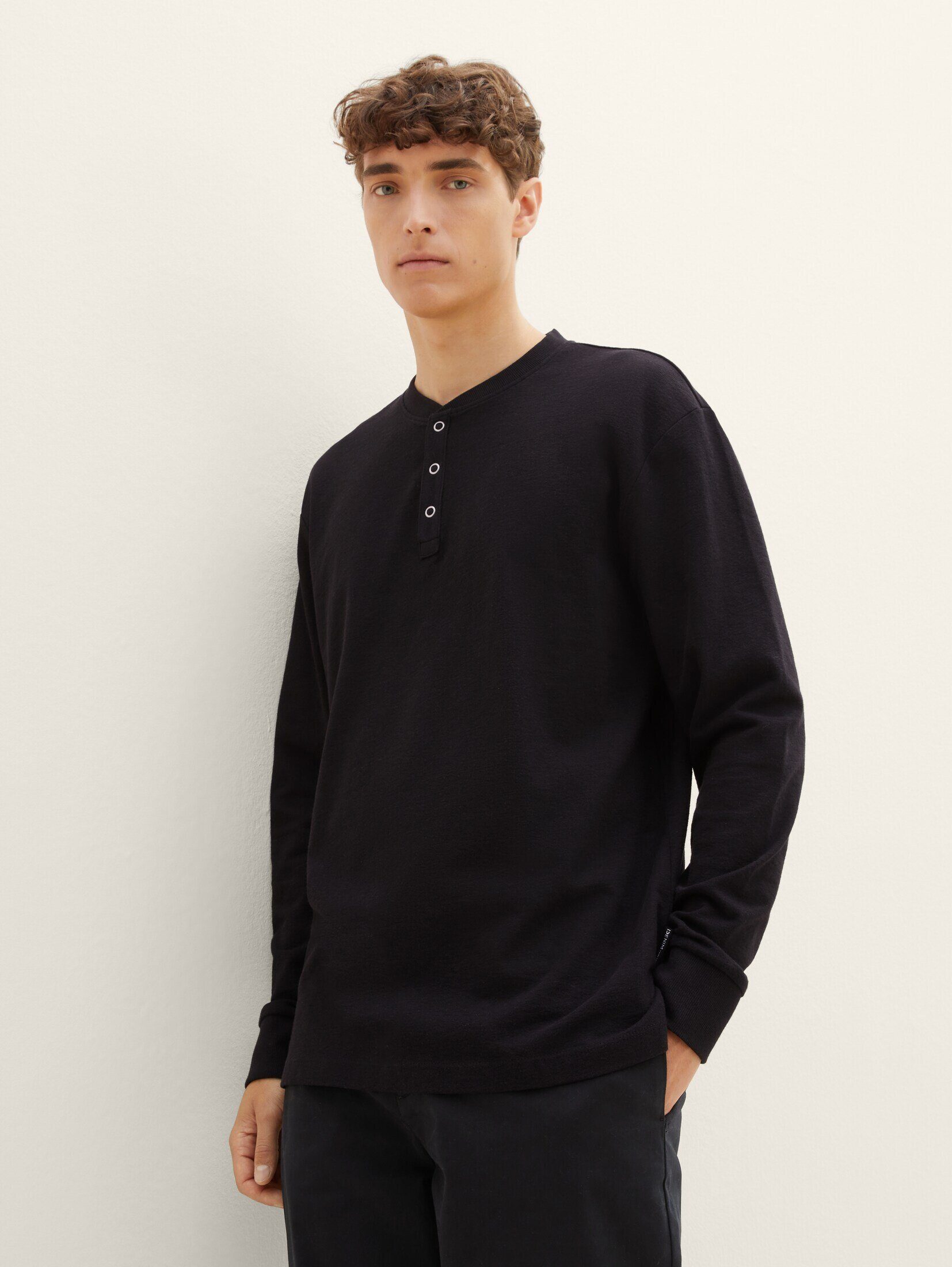 TOM TAILOR Denim T-Shirt Henley Struktur mit Black Langarmshirt