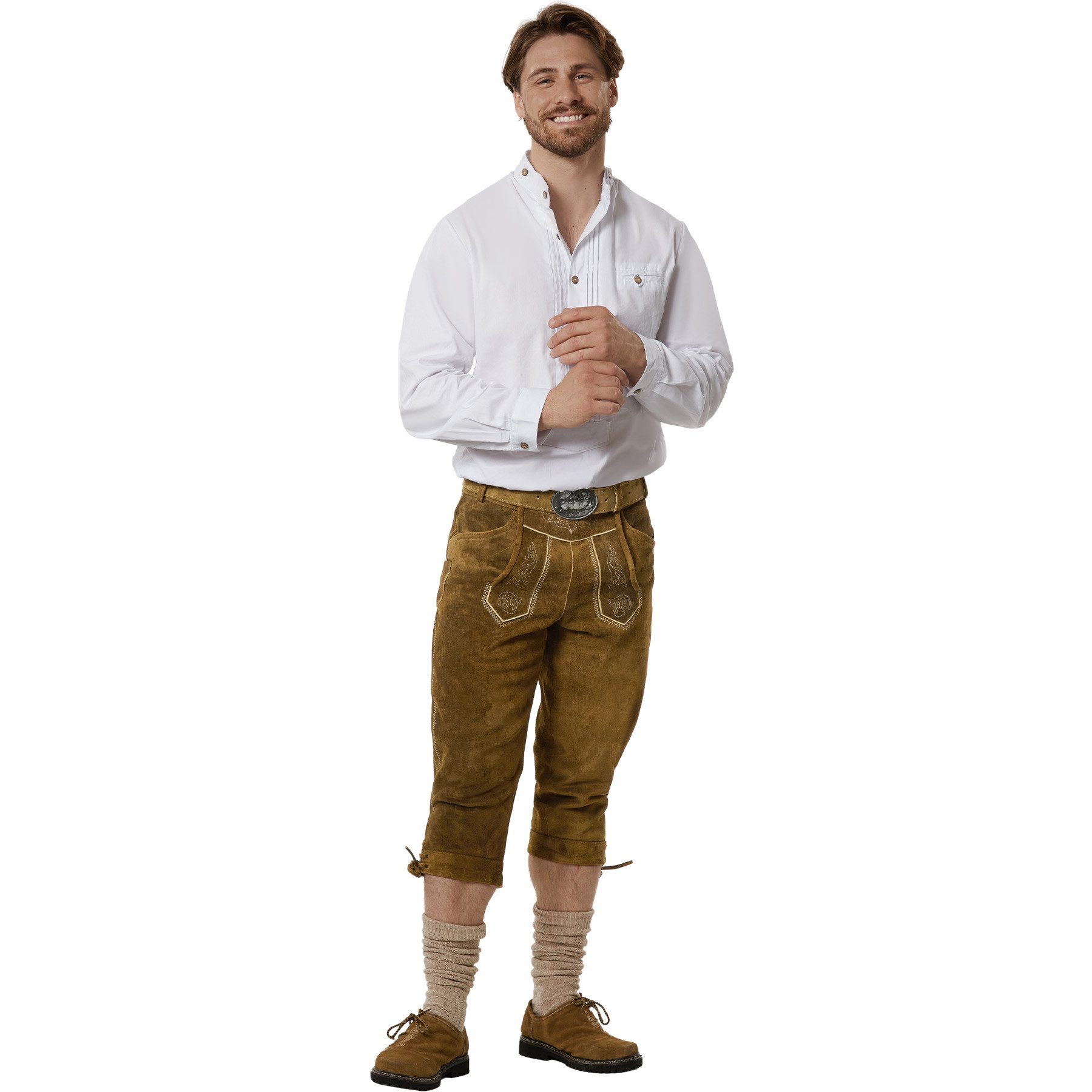 dressforfun Trachtenhose Edle Lange Lederhose aus Rind mit traditionellen Stickereien (Herrenhose Jakob, für Volksfeste in Olivebraun) Robust und langlebig, Inkl. verstellbaren Hosenträgern und Gürtel
