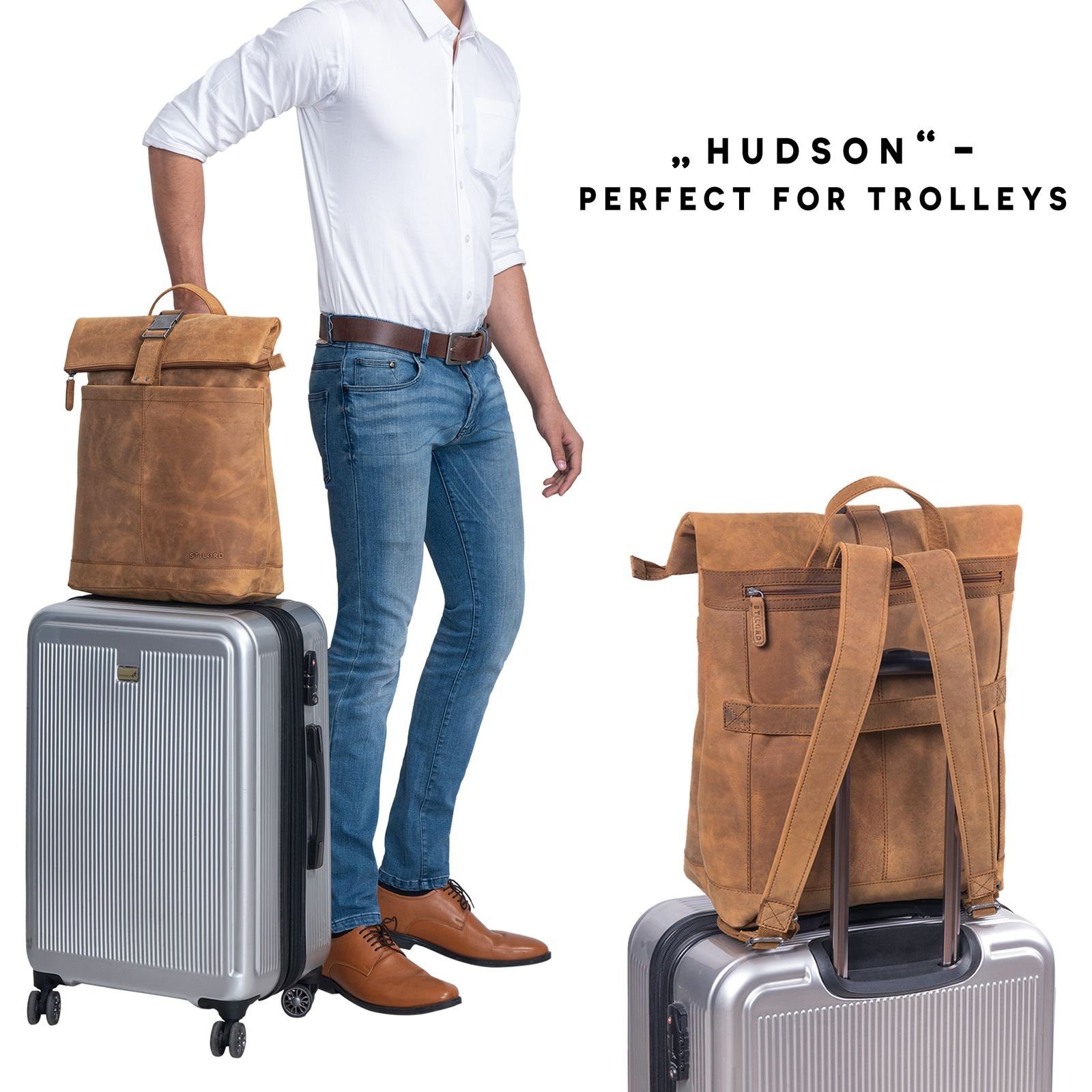 "Hudson" Leder dunkelbraun STILORD - Rucksack Notebook-Rucksack tan STILORD Rolltop