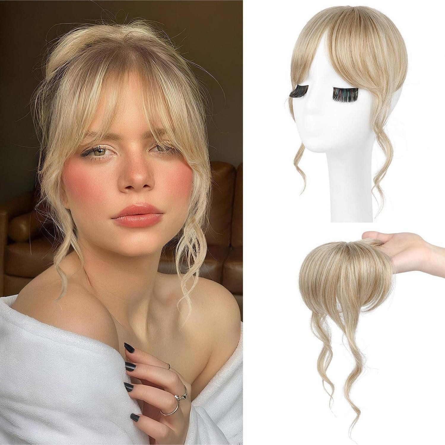 LuxusKollektion Kunsthaar-Extension Pony Haarteil Clip in 30 CM Mittelblond mit hellblonden Strähnchen