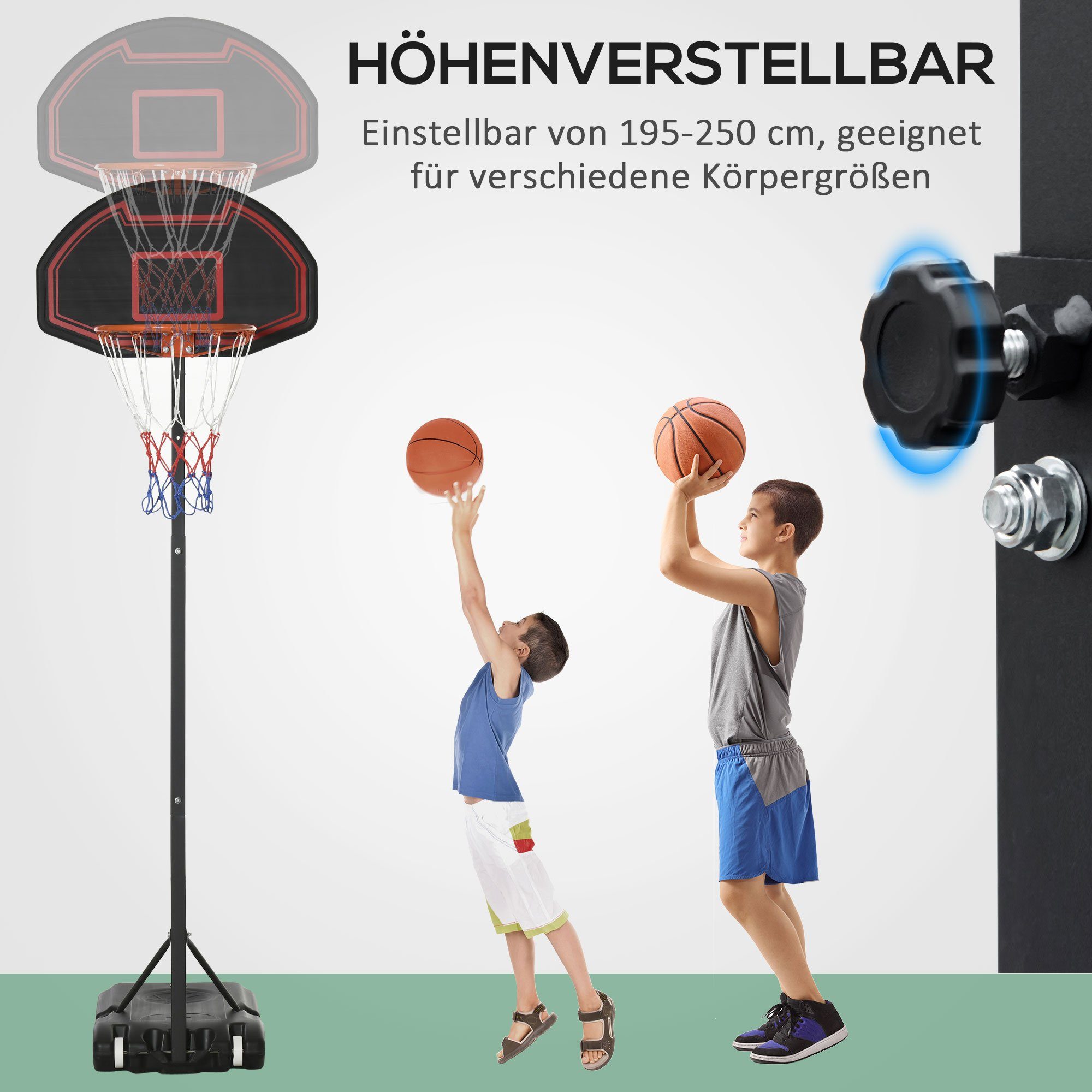 HOMCOM Basketballständer Basketballkorb, höhenverstellbar Stahl Kunststoff Schwarz (Set, 1-St., 1 x Basketball-Ständer), 73L x 49B x 195-250H cm