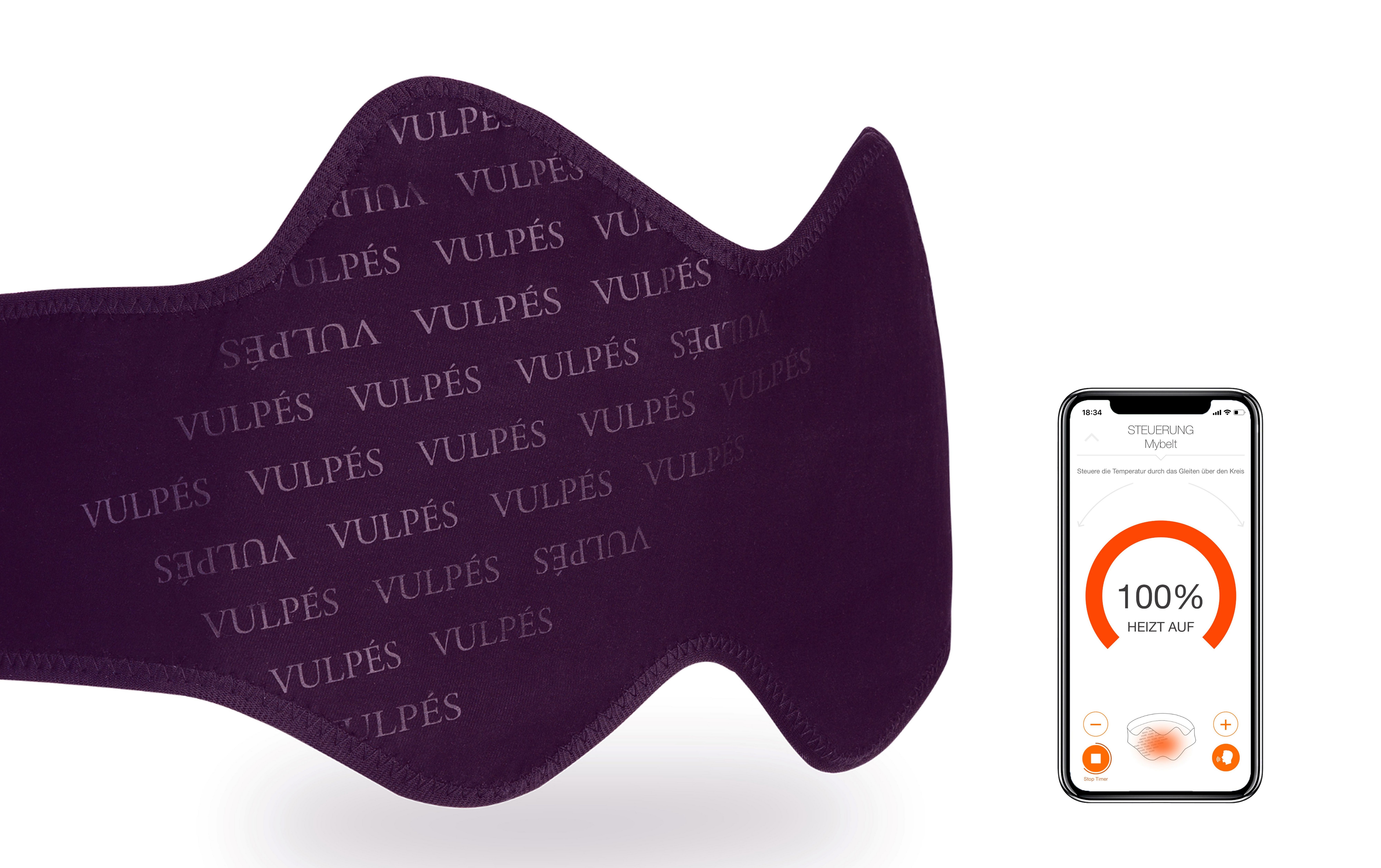 Vulpés Wärmegürtel beheizbarer Wärmegurt für Rücken, Nieren & Becken (ohne PowerBank), Leicht, Atmungsaktiv, Flächenwärme, Timer, Smartphonesteuerung