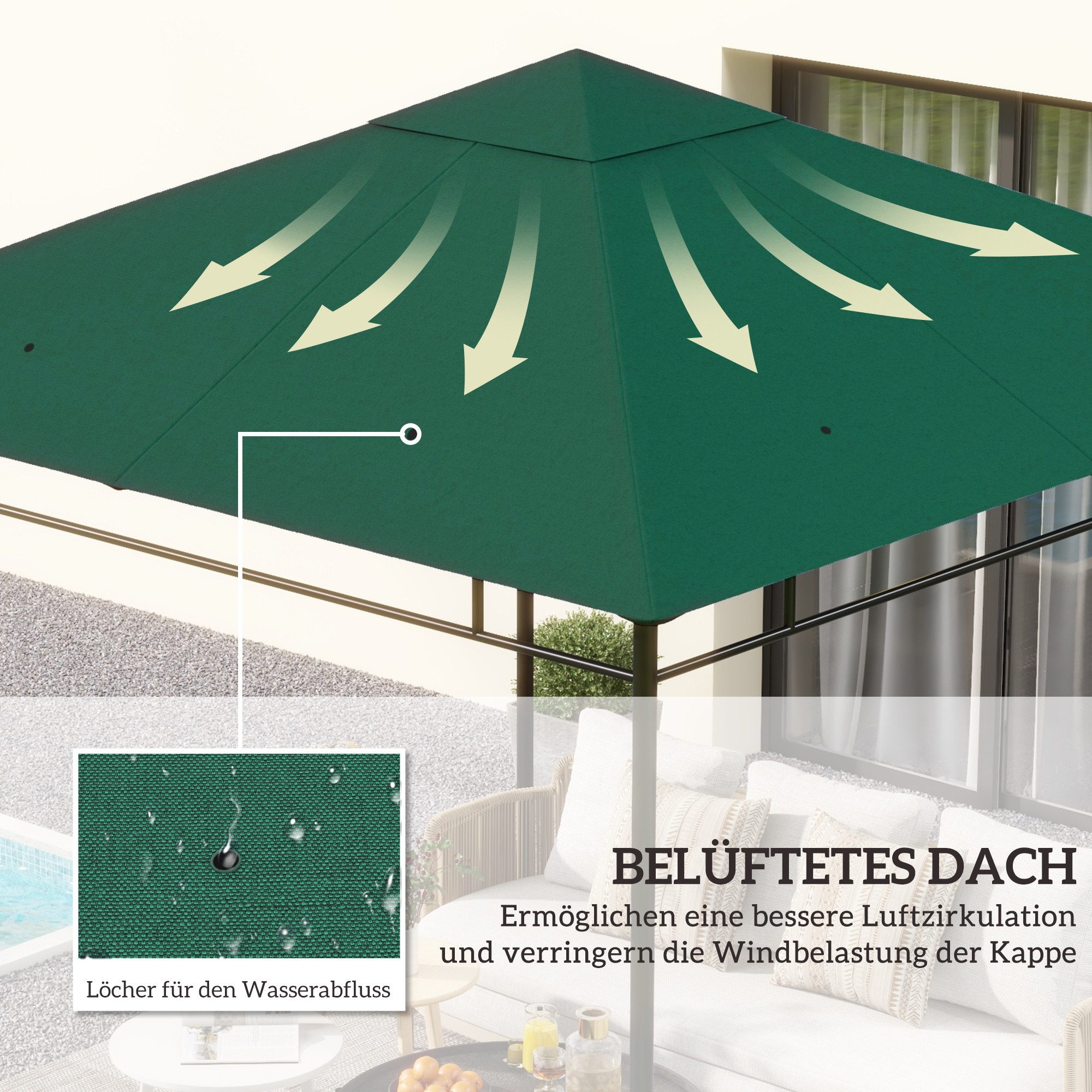 Outsunny Pavillon-Ersatzdach Ersatzbezug Ersatzteile aus Polyester-Stoff, grün, 180 g/m², 298 x 298 cm (Ersatzdach, Pavillondach), 298x298 für Metall-Gartenpavi – Bild 4 von 5