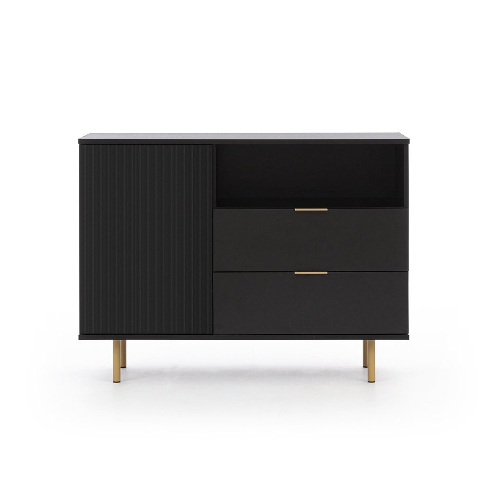 Lomadox Kommode NADOR-132, 107cm breit, matt schwarz, goldfarbene Metallgriffe und -füße