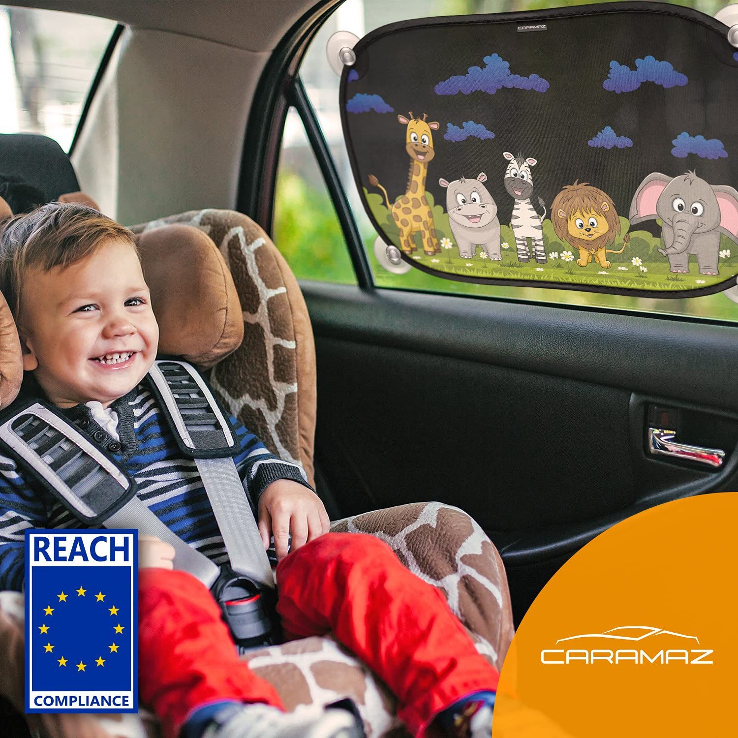 Caramaz Autosonnenschutz Auto Baby mit UV Schutz, Reach Zertifiziert Verdunklung 51x31cm, (2-St), Opti-Dark - GSM100+ inkl. Saugnapf