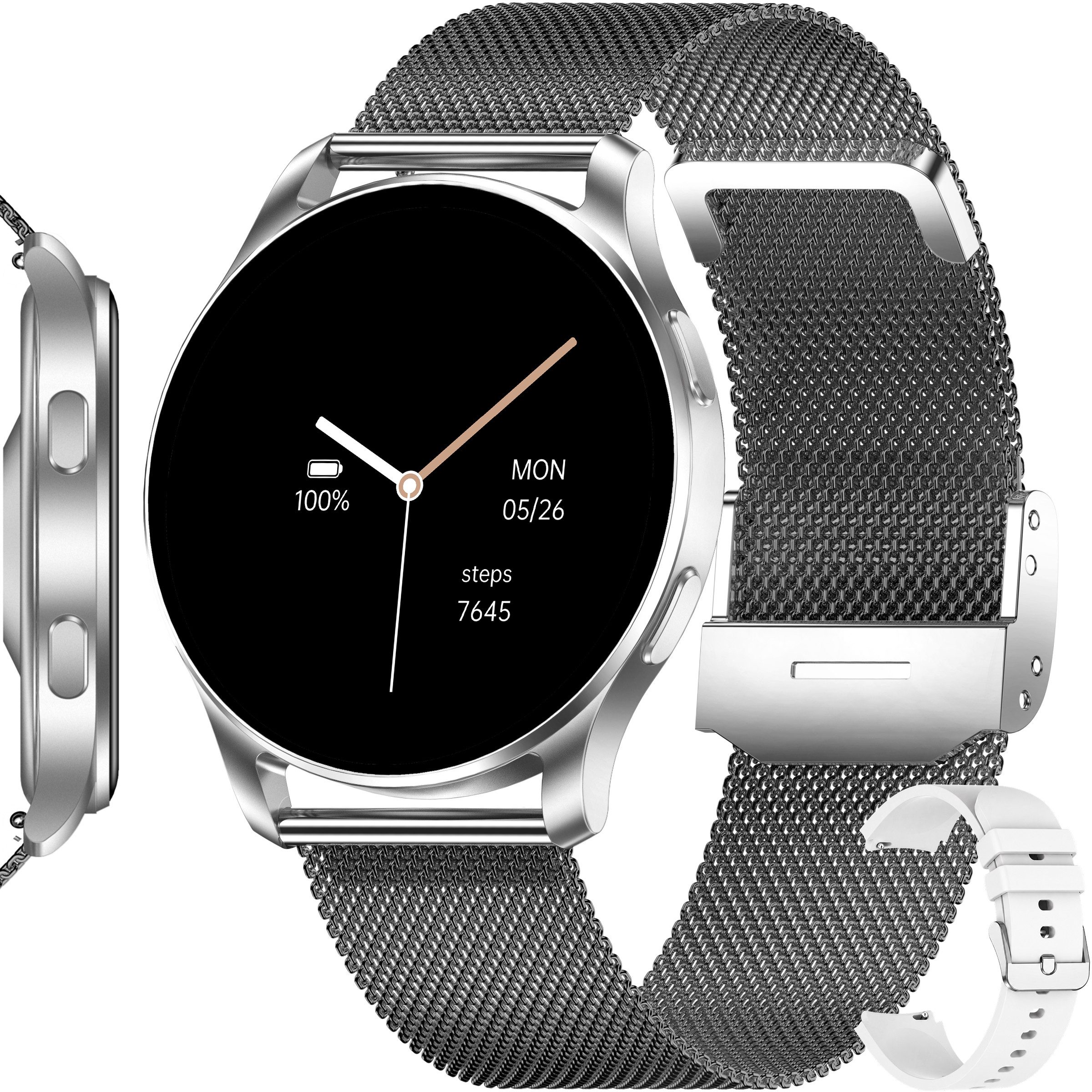 Levowatch FLAT Smartwatch Damen Herren, 8mm flach, KI Assistent, AMOLED AlwaysOn Smartwatch (4 cm/1,32 Zoll, Android und IOS) dünnes Metallgehäuse, frei belegbarer Button, wasserdicht, Fitness Tracker, Komfortgröße, 4-teilig, KI Assistent, Anrufe, Schrittzähler, Puls, Sprachsteuerung, Fitness Uhr, Schlaf