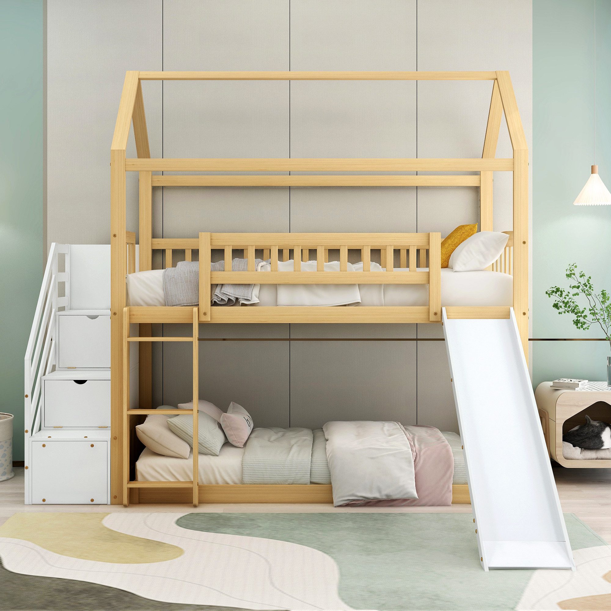 IDEASY Etagenbett Kinderbett, Jugendbett, 90 x 200 cm, sturzsicher, (dreistufige rechtwinklige Treppe, Heimbett mit Rutsche, Holzrahmen), natürliche Farbe + Weiß, einfach zu montieren, leicht zu reinigen
